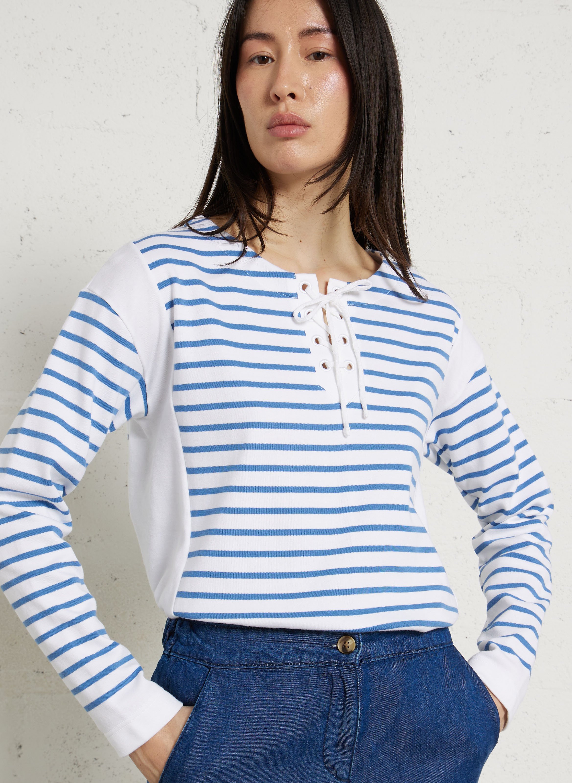 Top droit col rond en coton rayé ARMOR-LUX Blanc