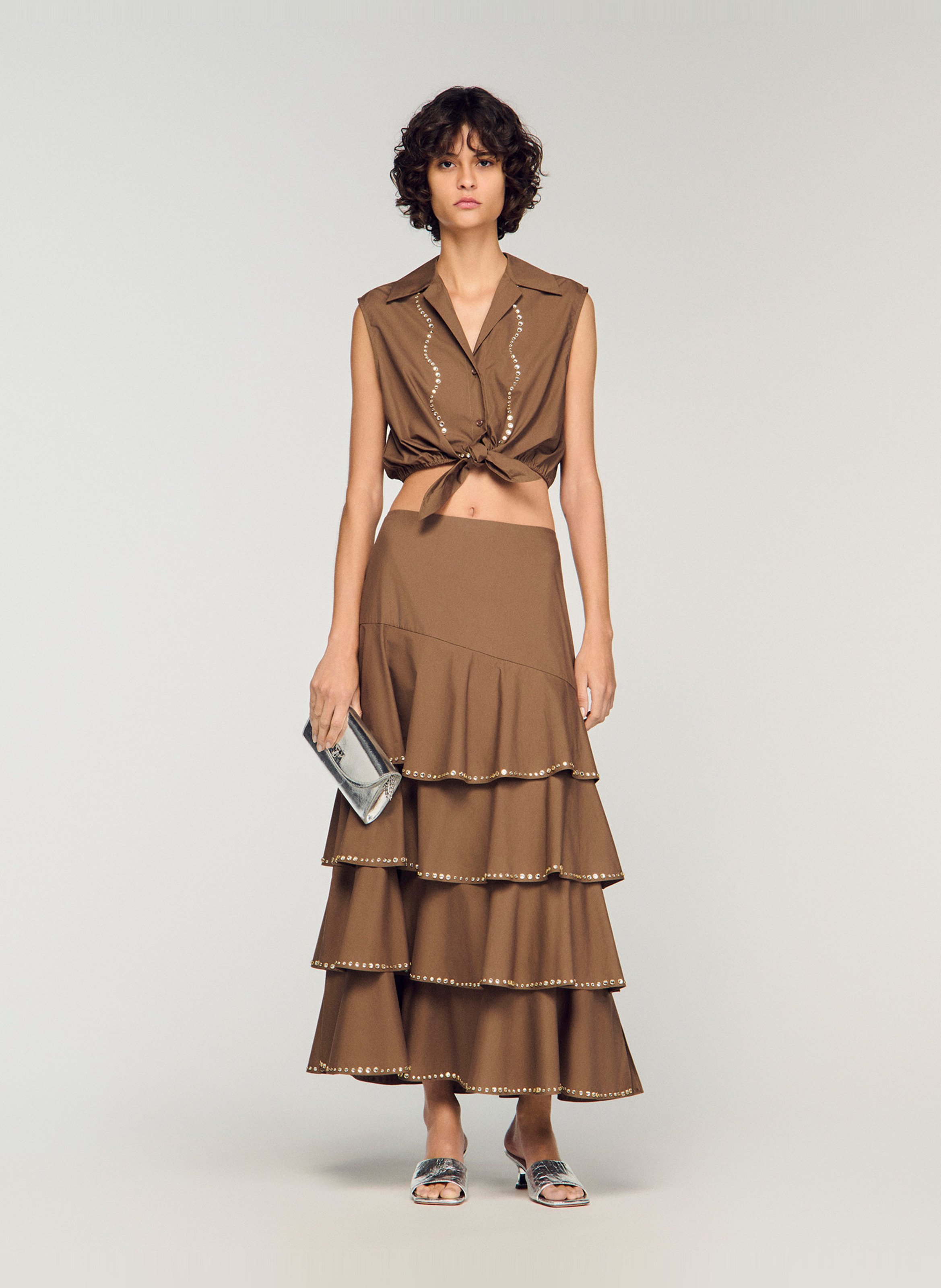 Jupe midi à volants SANDRO Marron