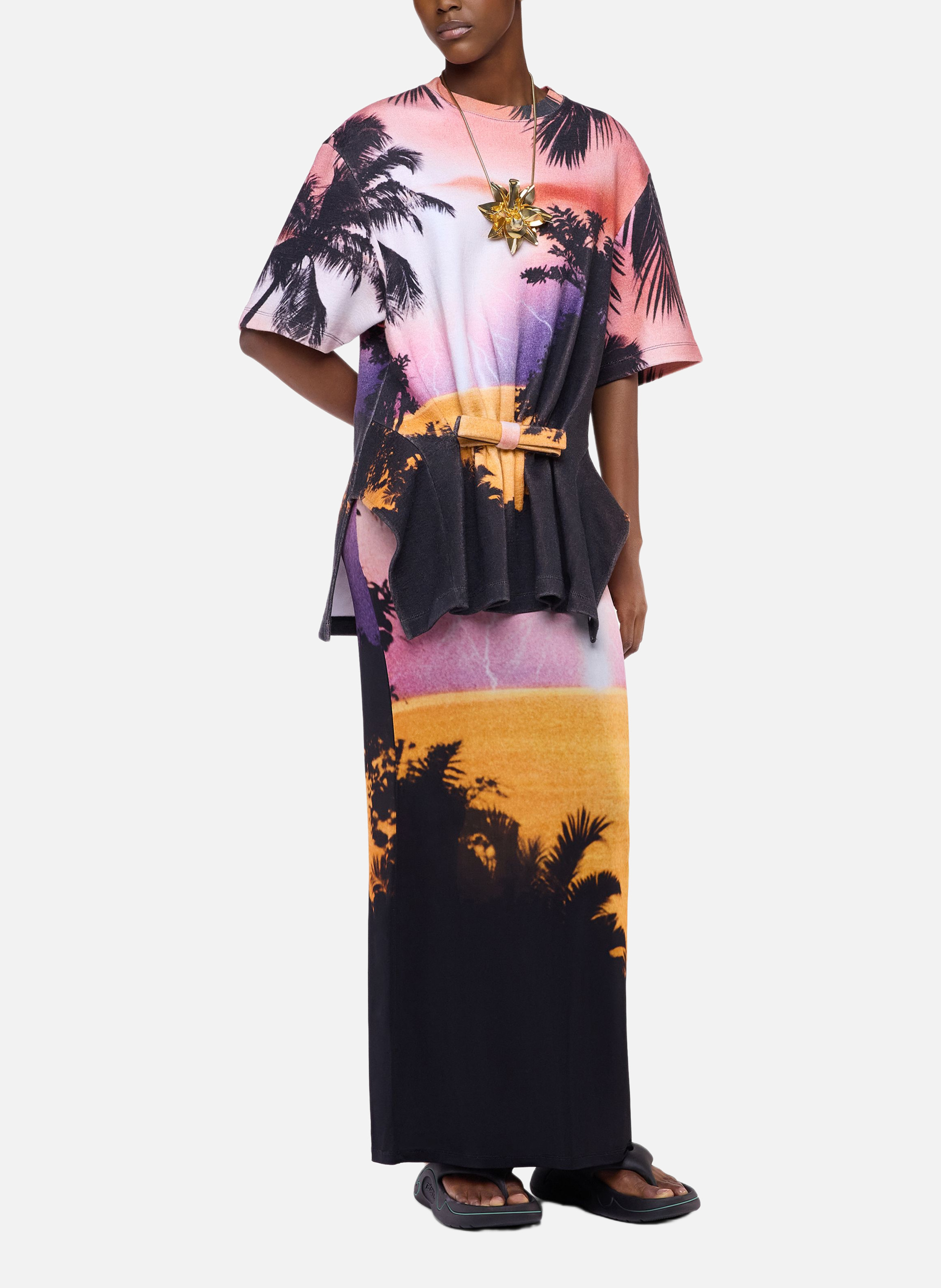 T-shirt structuré en coton imprimé orage RABANNE Orange