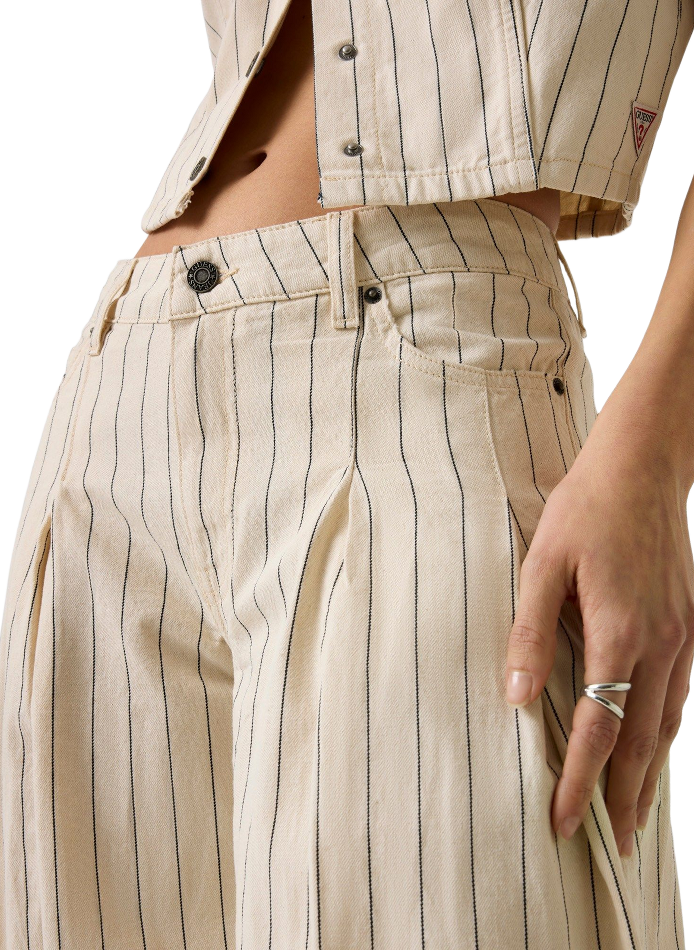 Wide-leg striped cotton jeans GUESS Beige