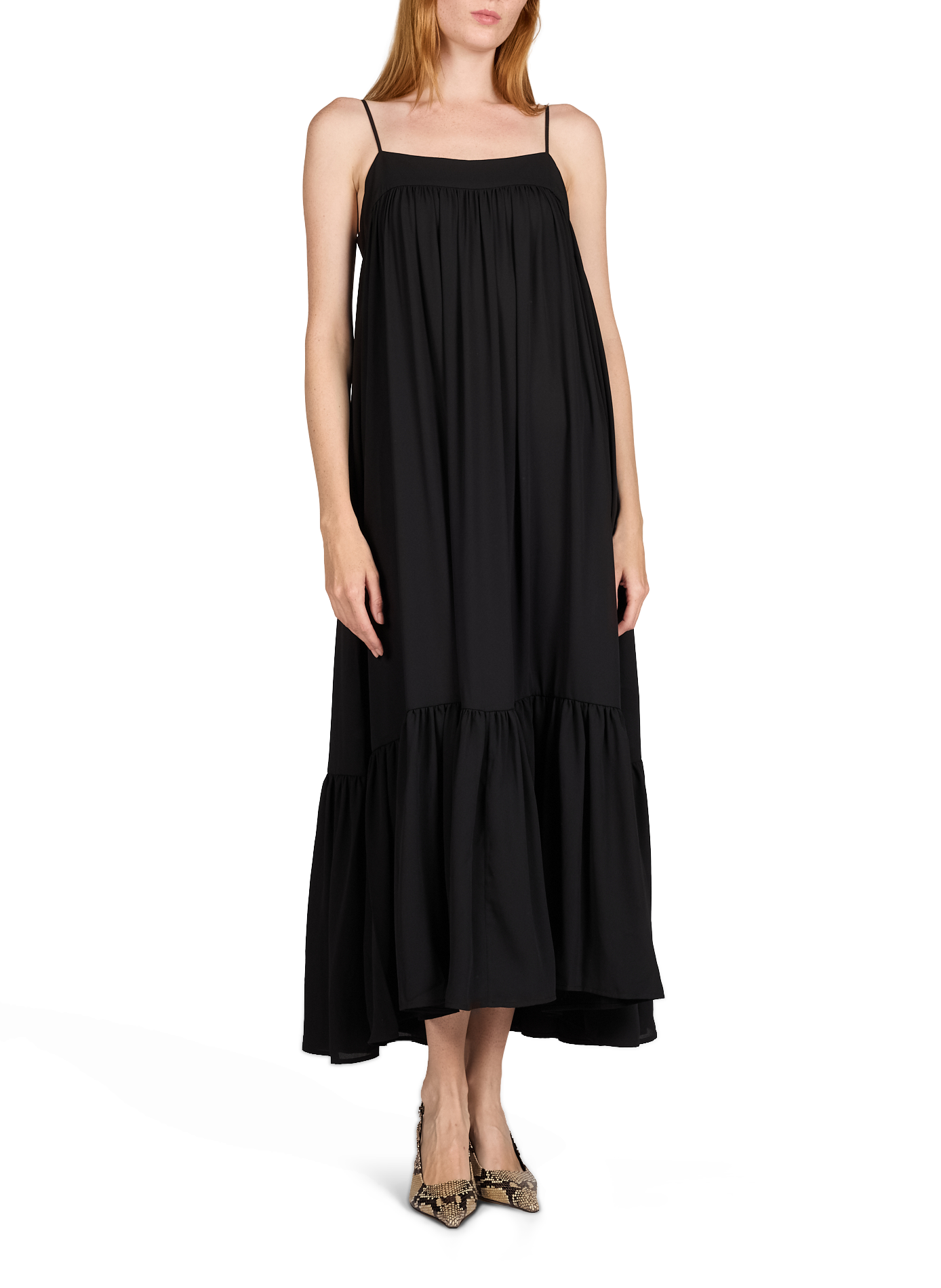 Midi-Kleid in fließender und weiter Passform ROTATE Schwarz