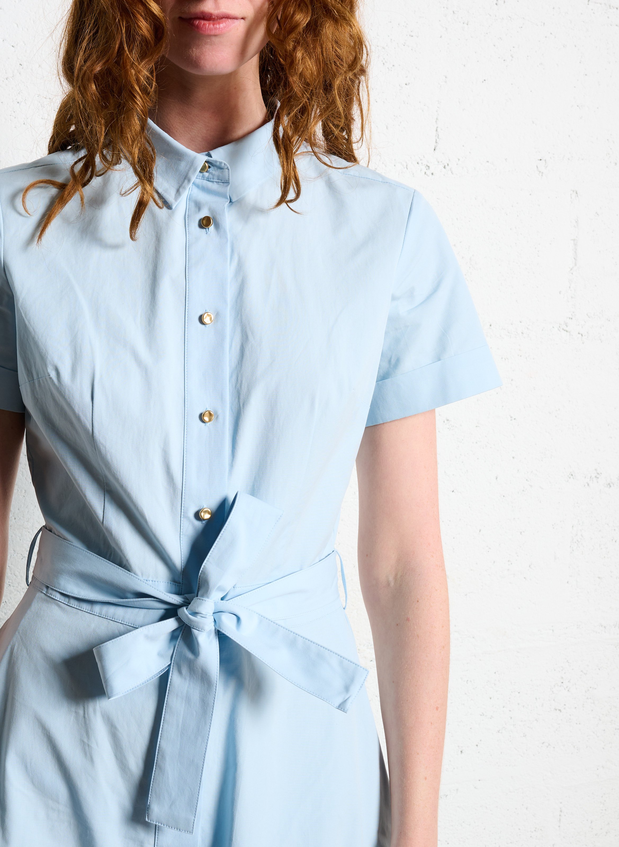 Robe chemise ceinturée col classique en coton IKKS Bleu