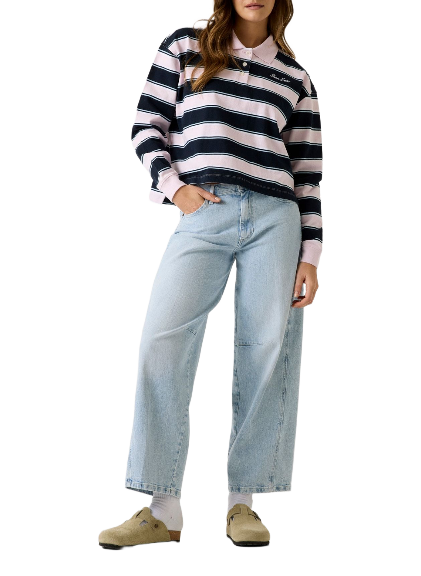 Gestreiftes Langarm-Polohemd aus Baumwolle GUESS Rosa