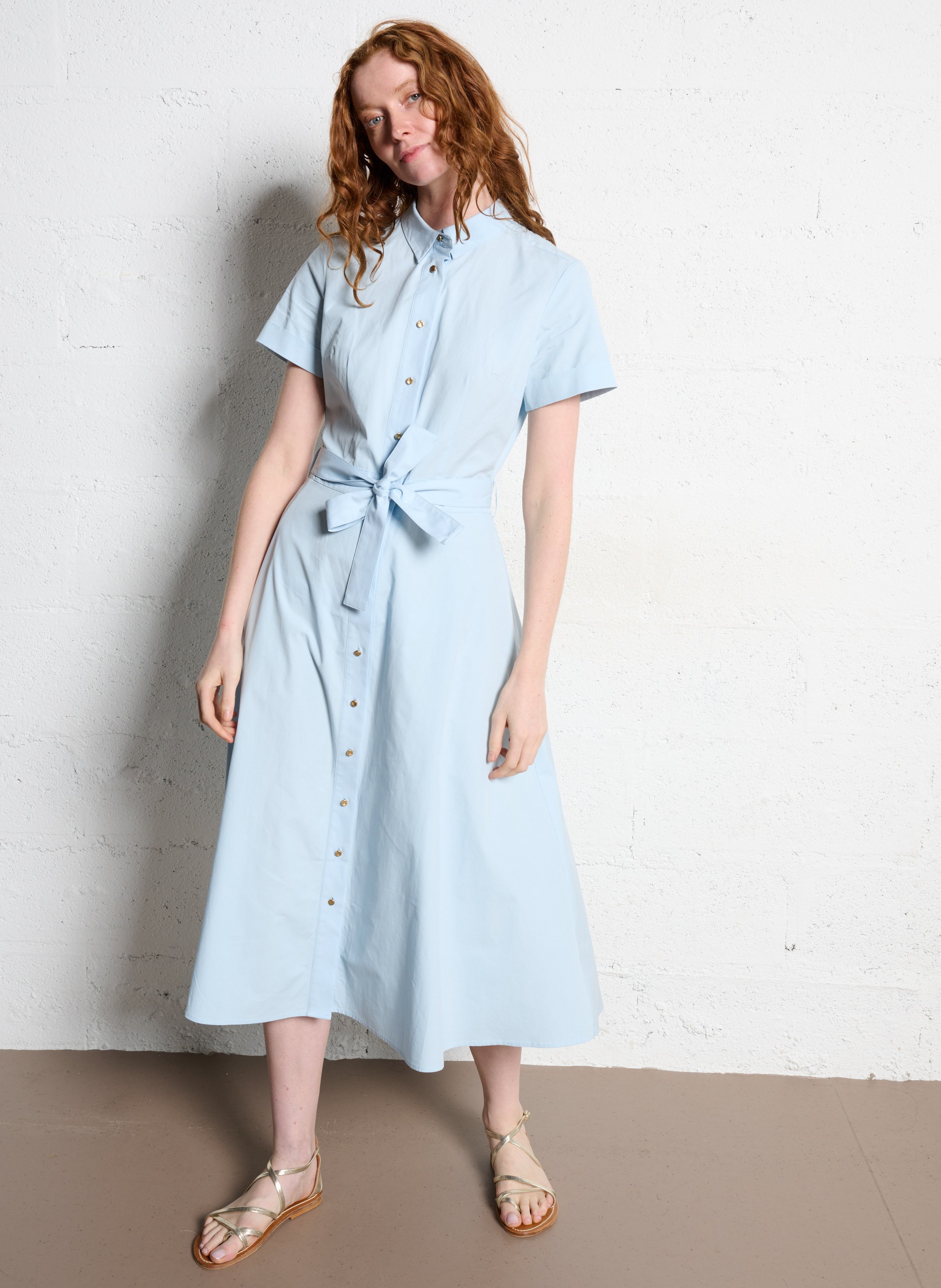 Robe chemise ceinturée col classique en coton IKKS Bleu