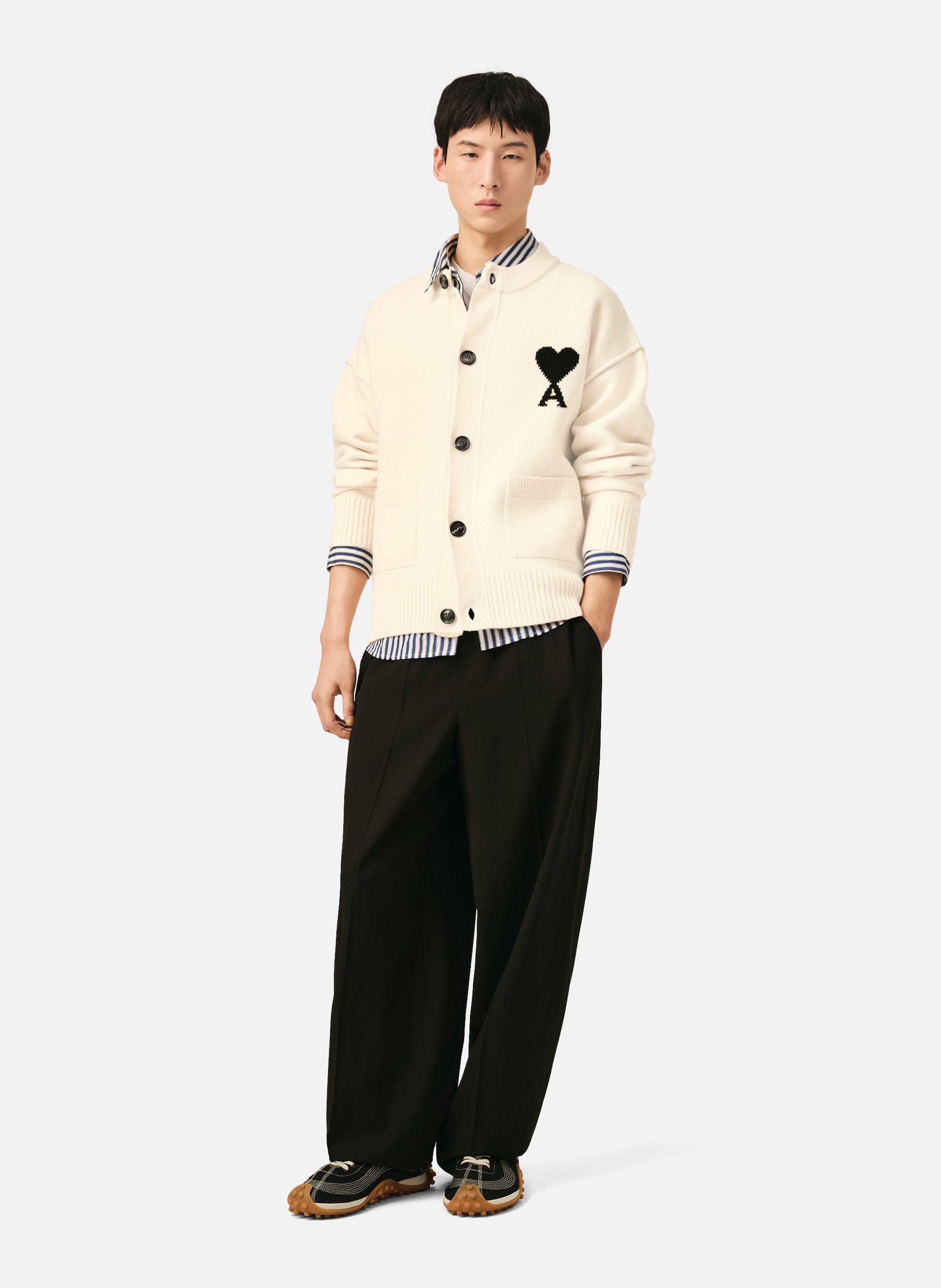 Cardigan col rond unisexe en laine ami de coeur AMI PARIS Blanc