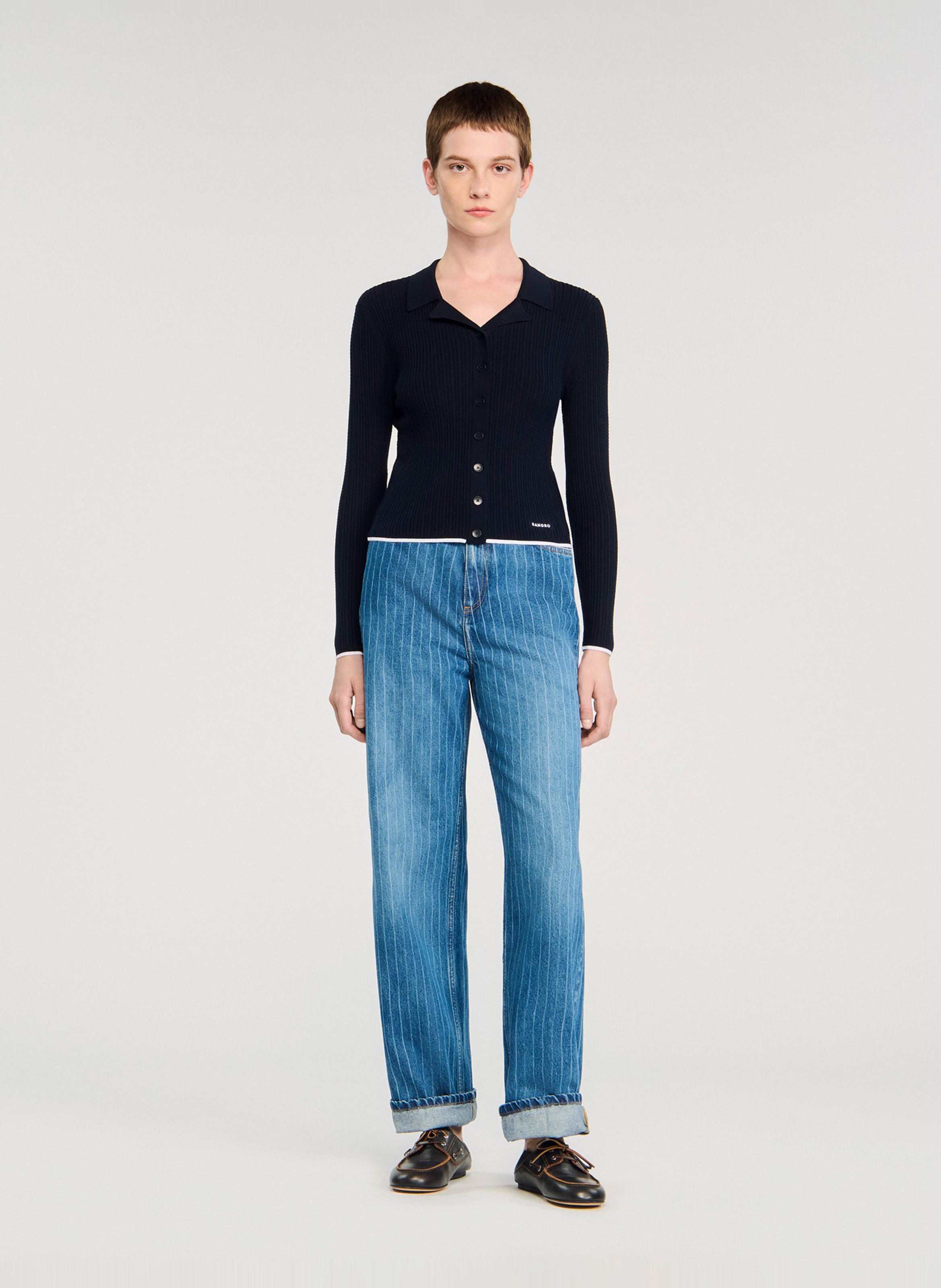 Cardigan ajustée côtelée col classique SANDRO Bleu