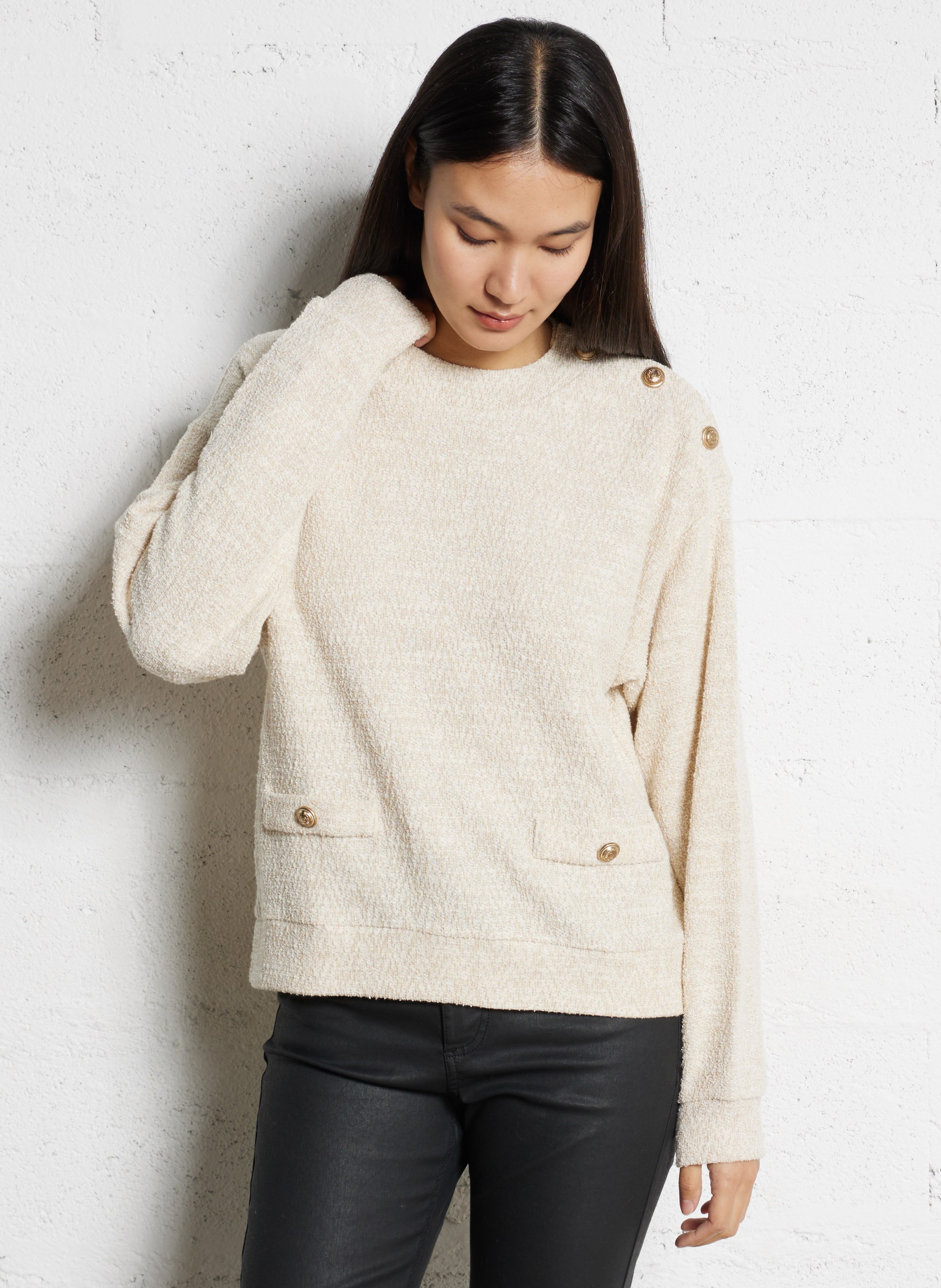 Pull col rond en coton mélangé IKKS Blanc