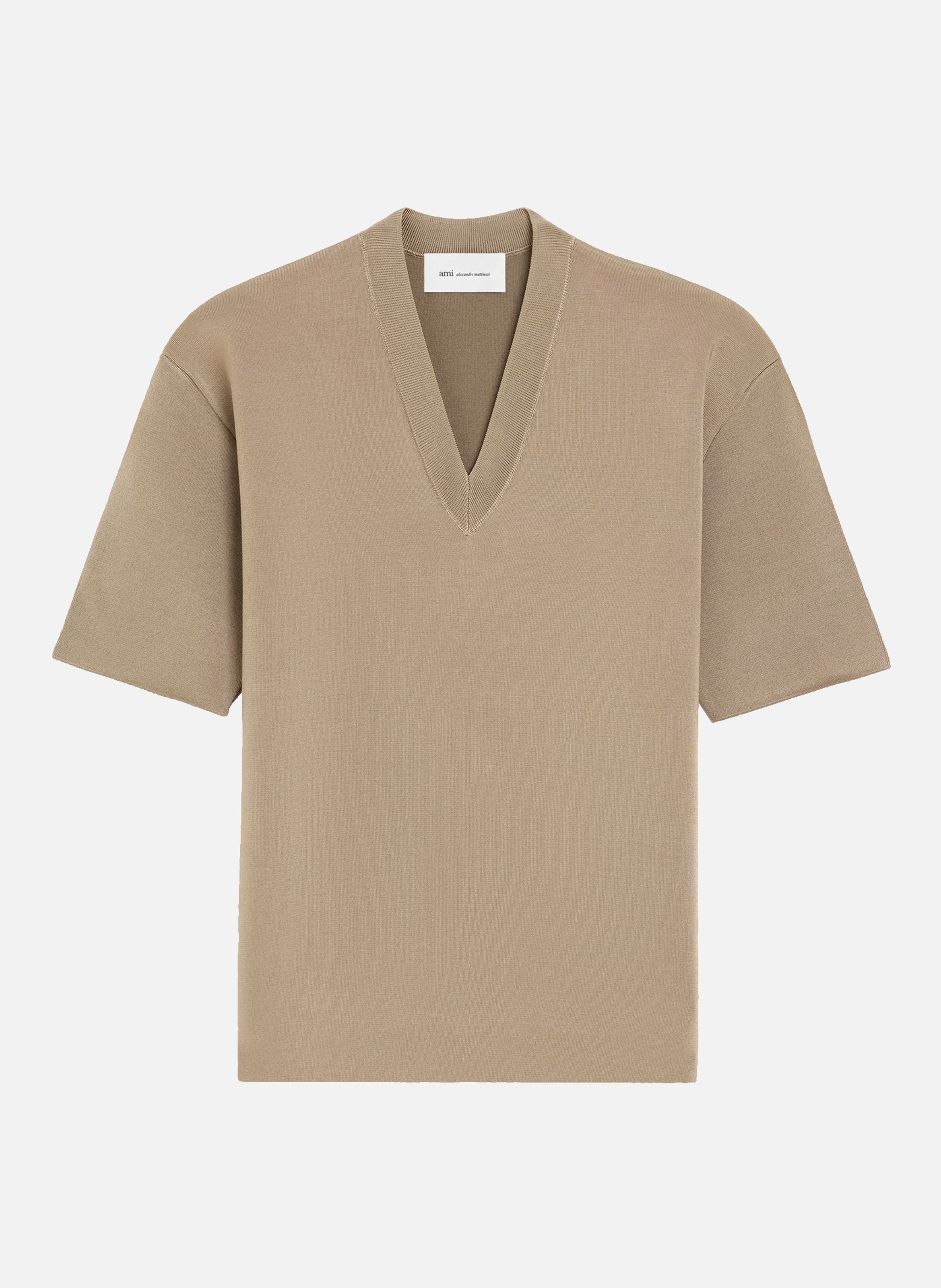 Pull col v manches courtes en laine AMI PARIS Beige