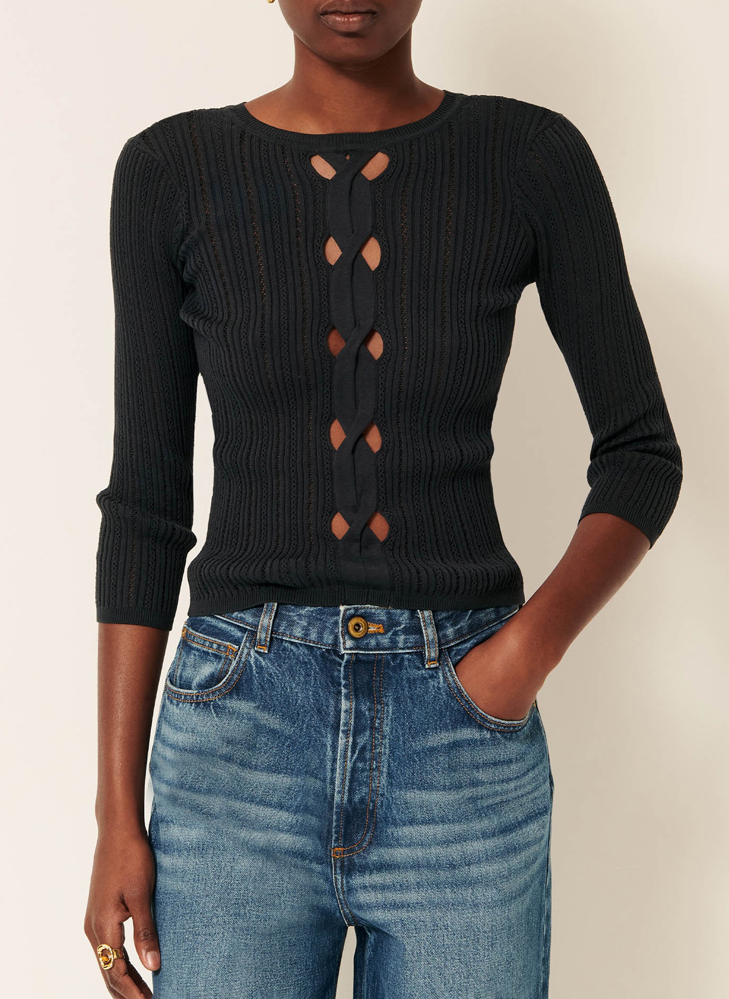 Pull manches 3/4 tricoté à découpes en coton alencar SESSUN Vert