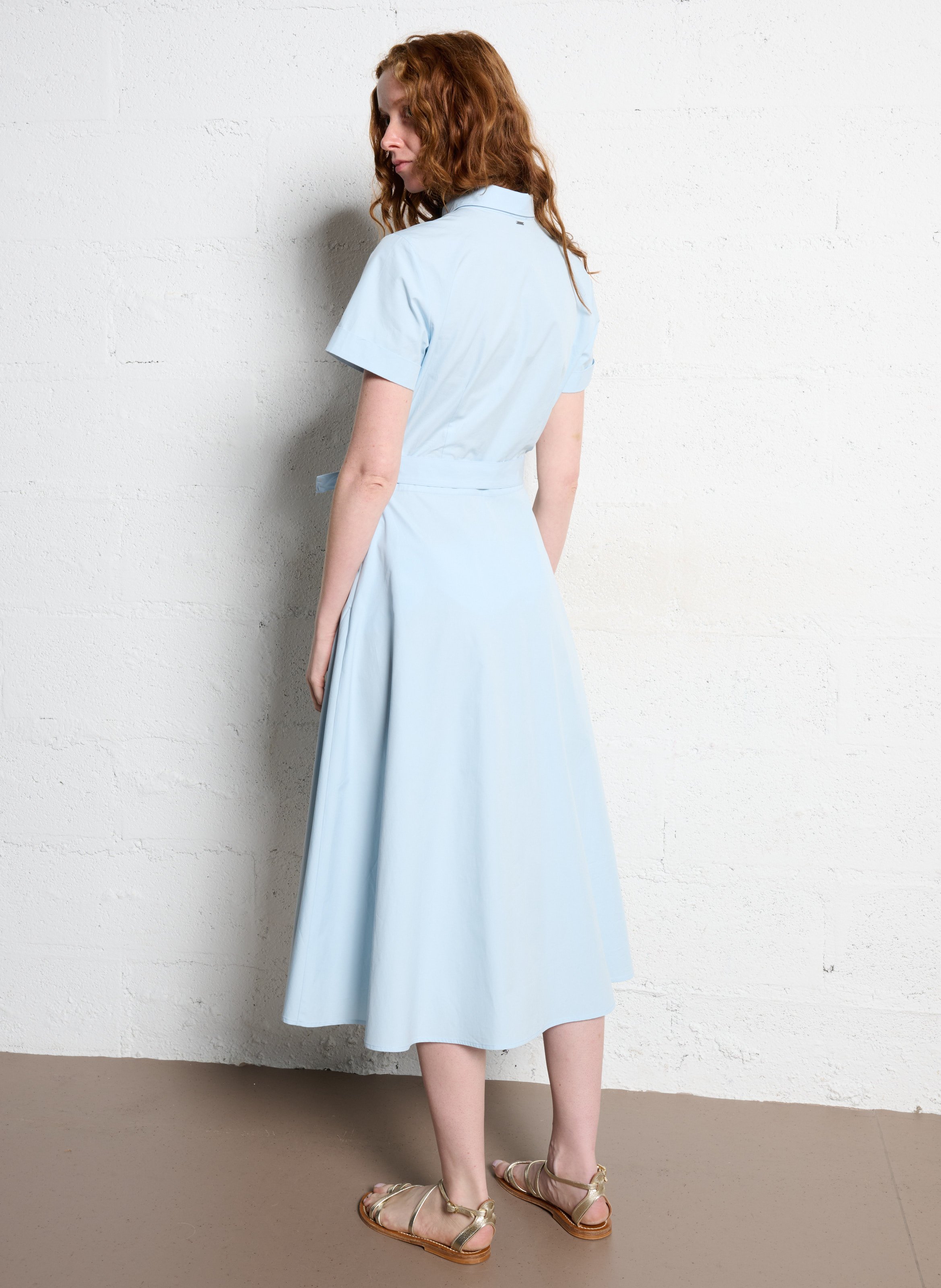 Robe chemise ceinturée col classique en coton IKKS Bleu