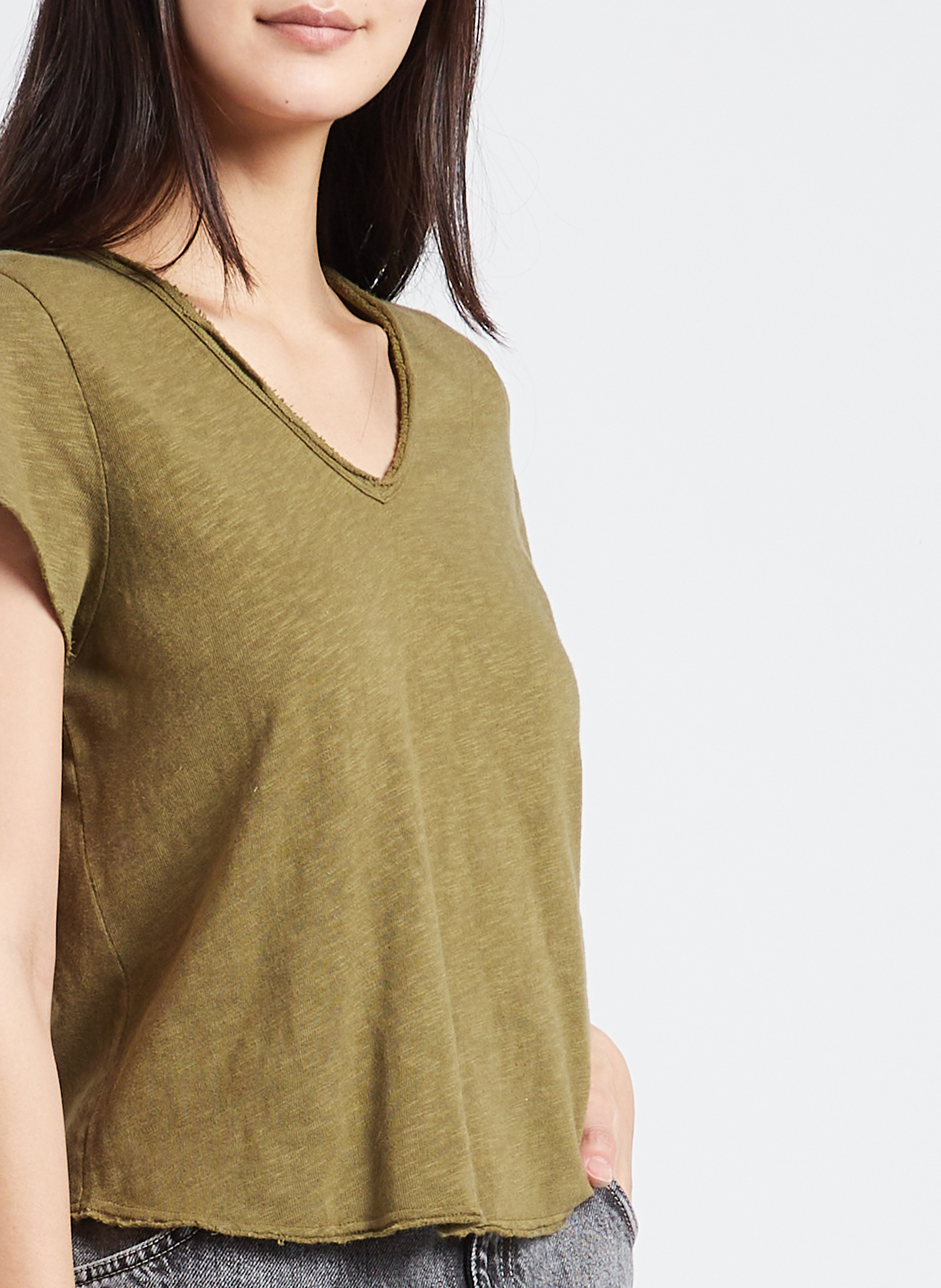 Tee-shirt droit col v en coton sonoma AMERICAN VINTAGE Kaki