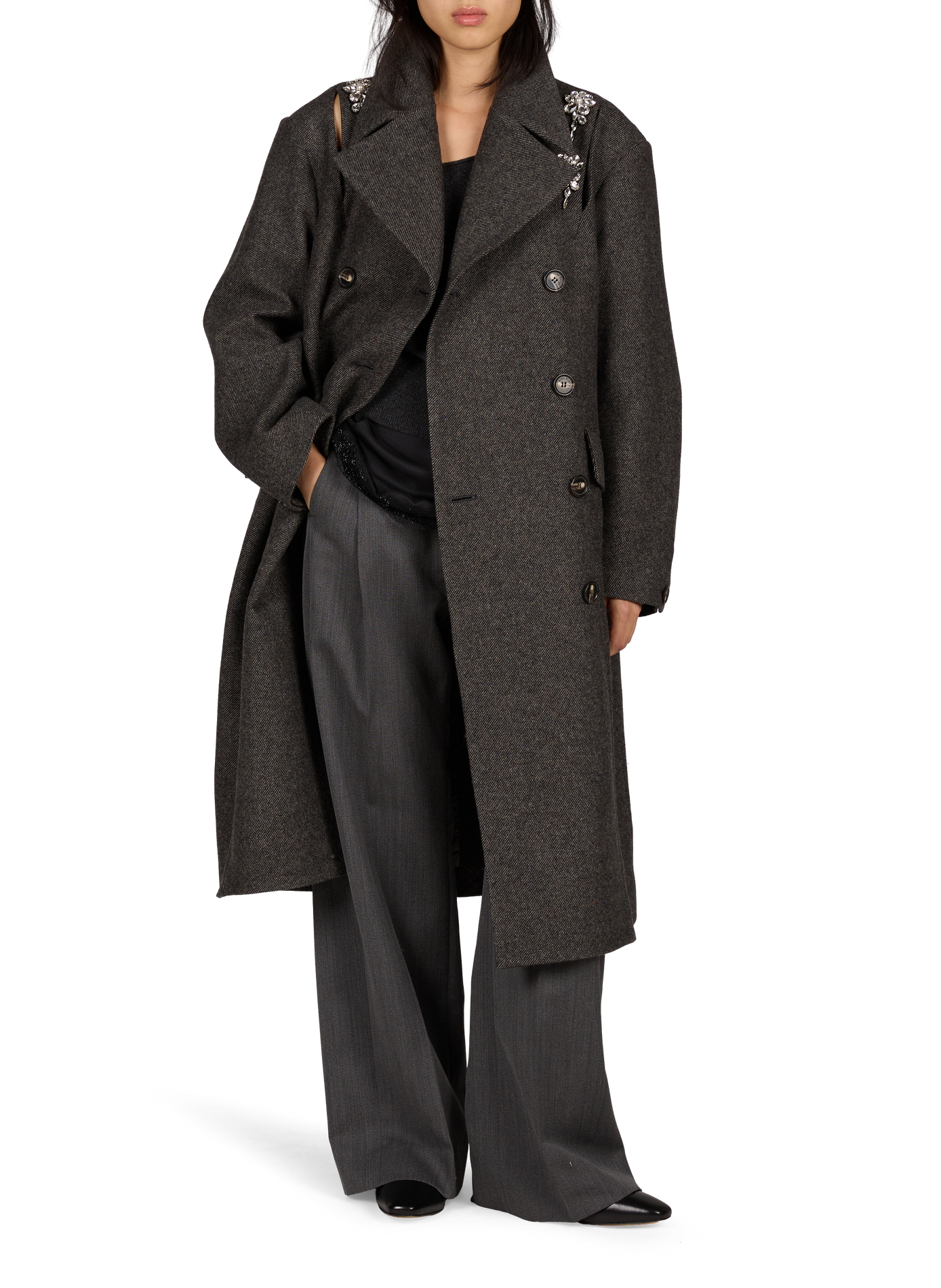 Oversized wool-blend coat with panel detailing and rhinestones SIMONE ROCHA Grey