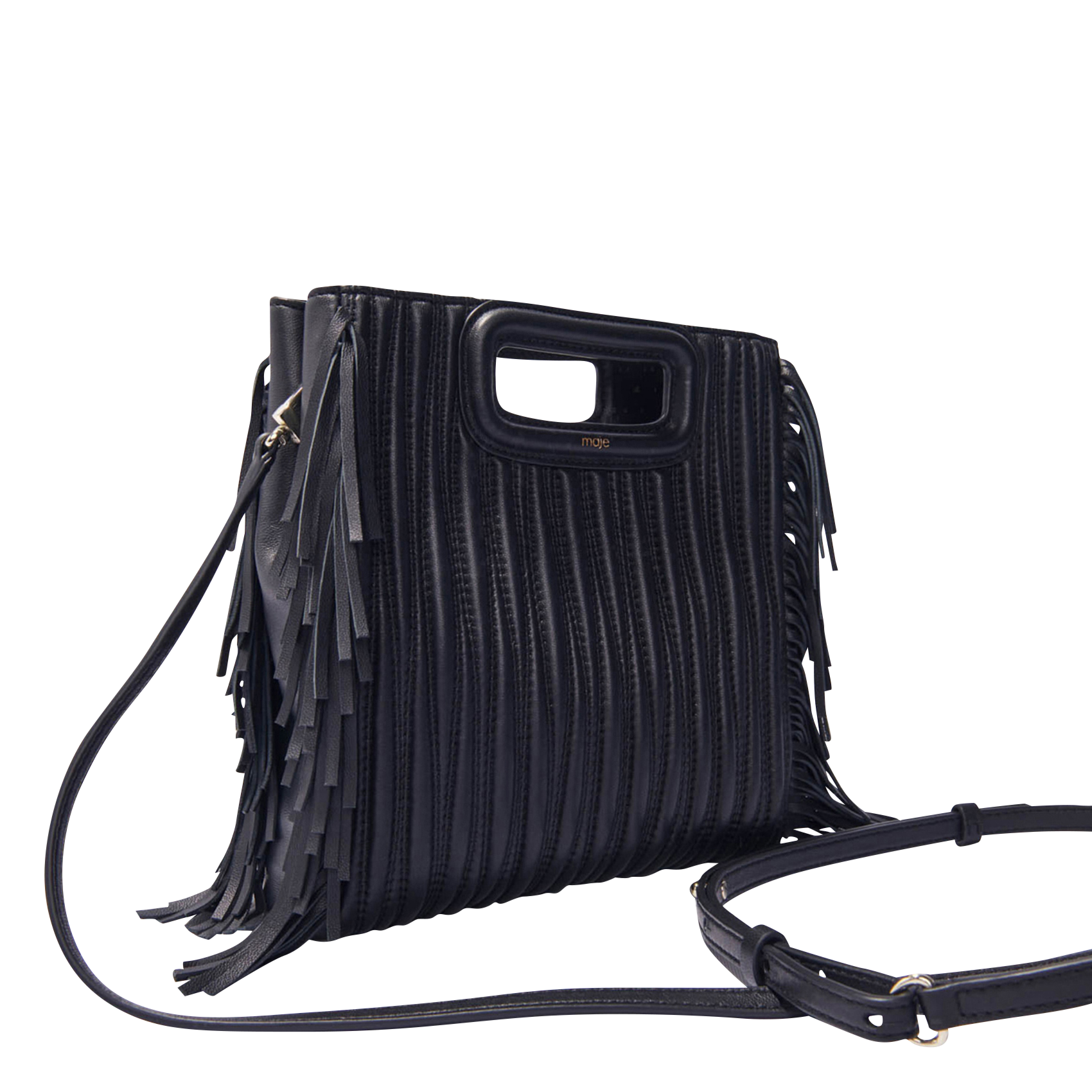 Sac bandoulière à franges en cuir m Noir Maje Femme