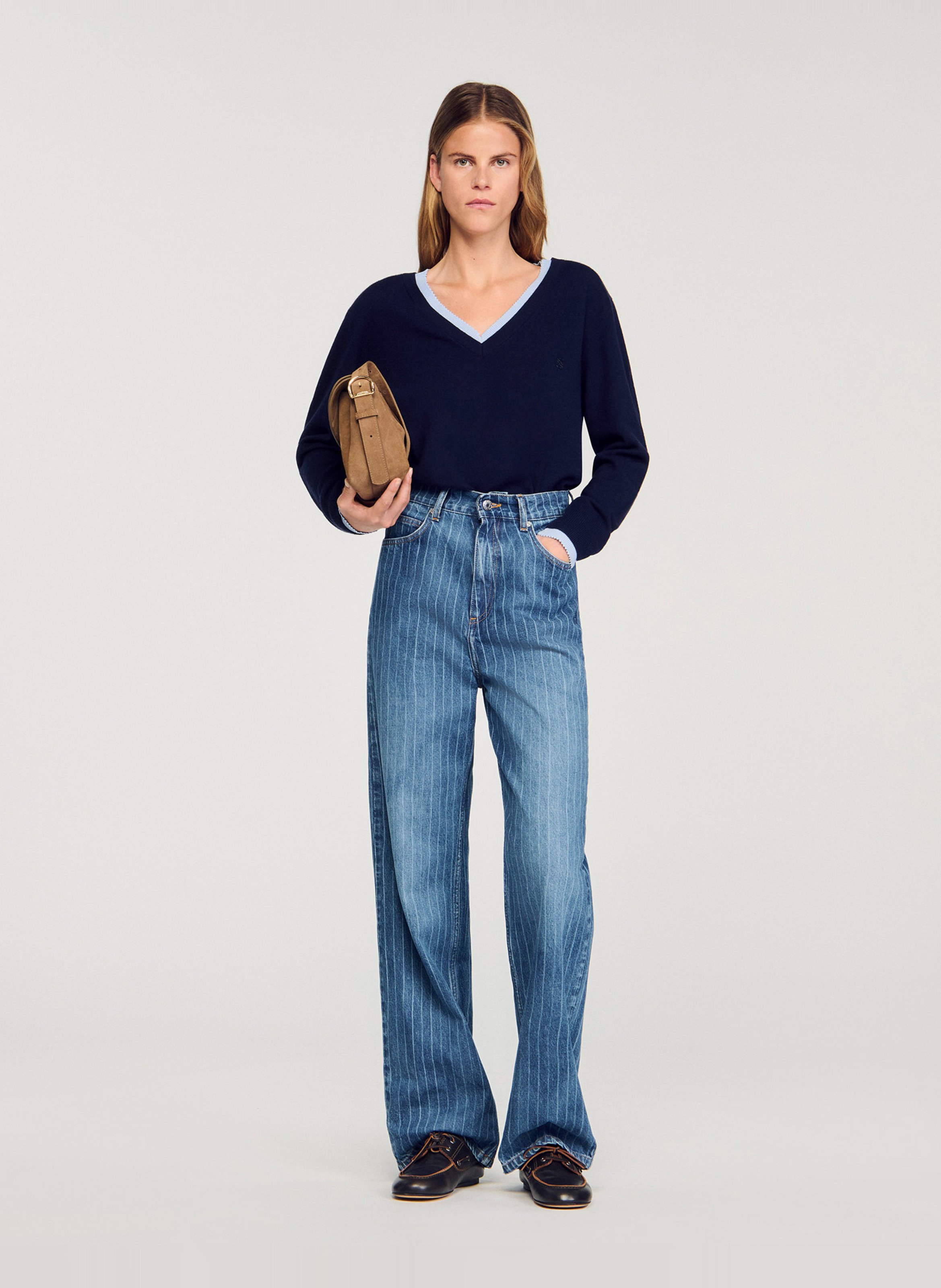 Pull oversize col v en laine et cachemire Bleu