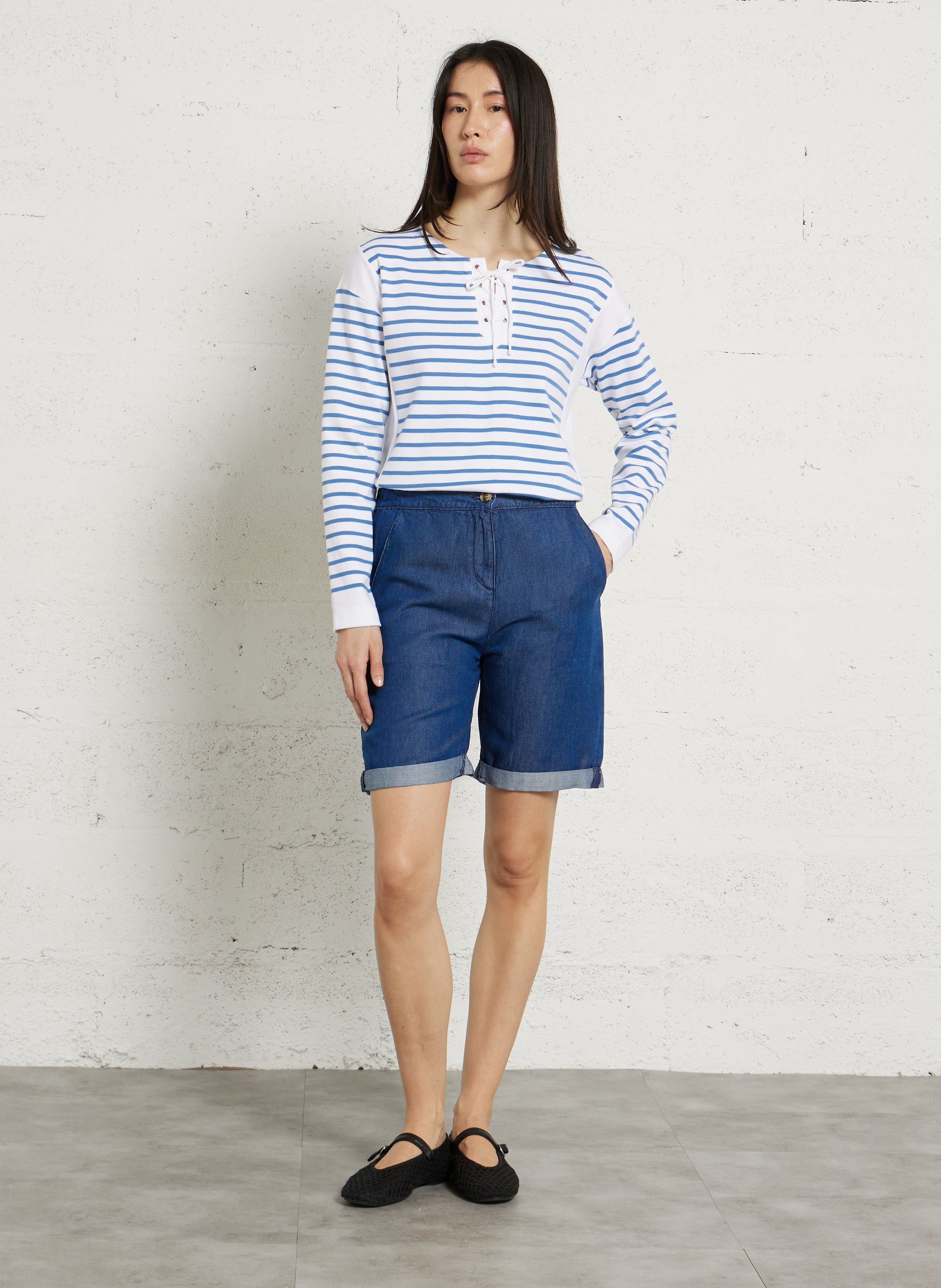 Top droit col rond en coton rayé ARMOR-LUX Blanc