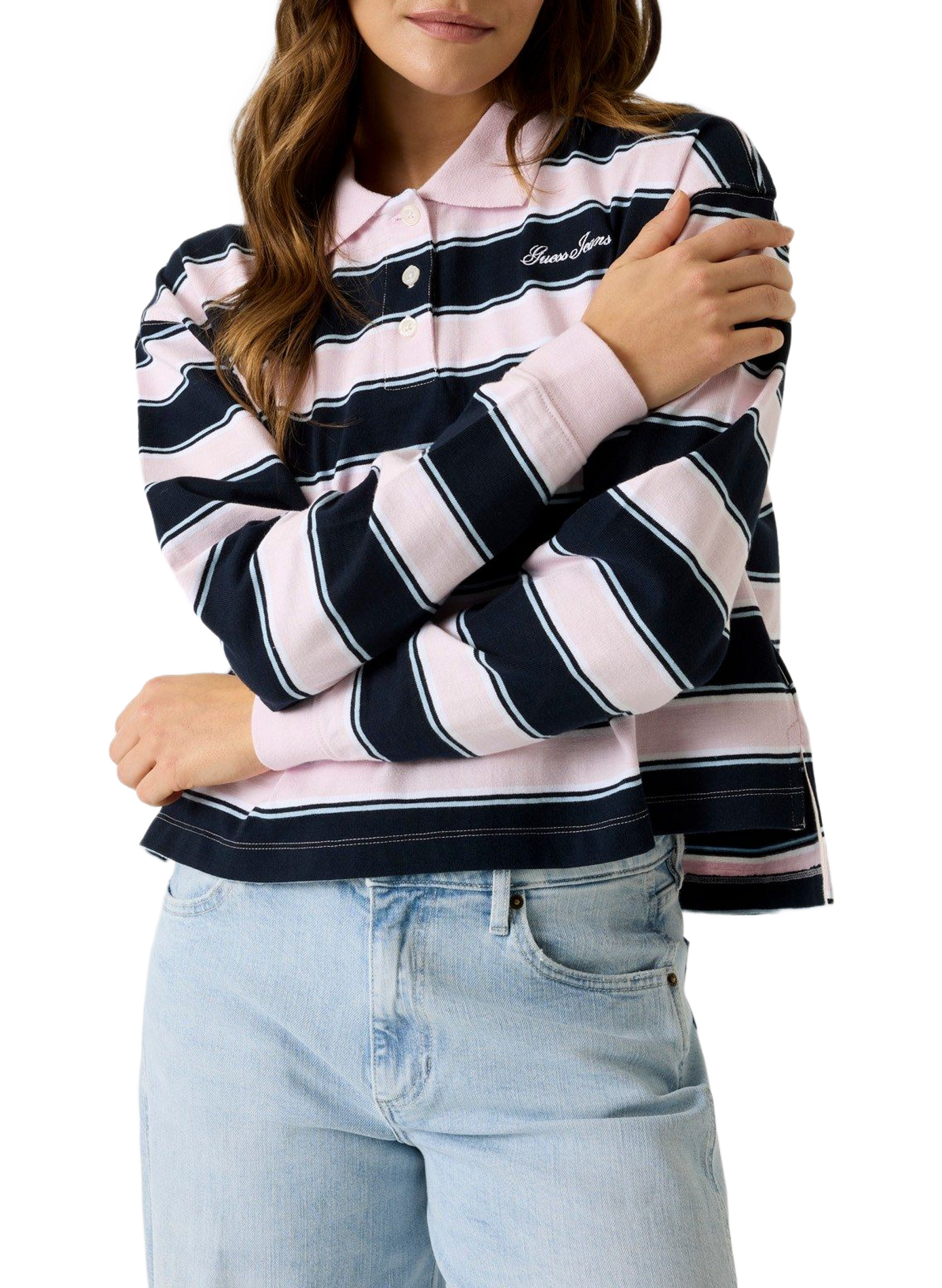 Gestreiftes Langarm-Polohemd aus Baumwolle GUESS Rosa