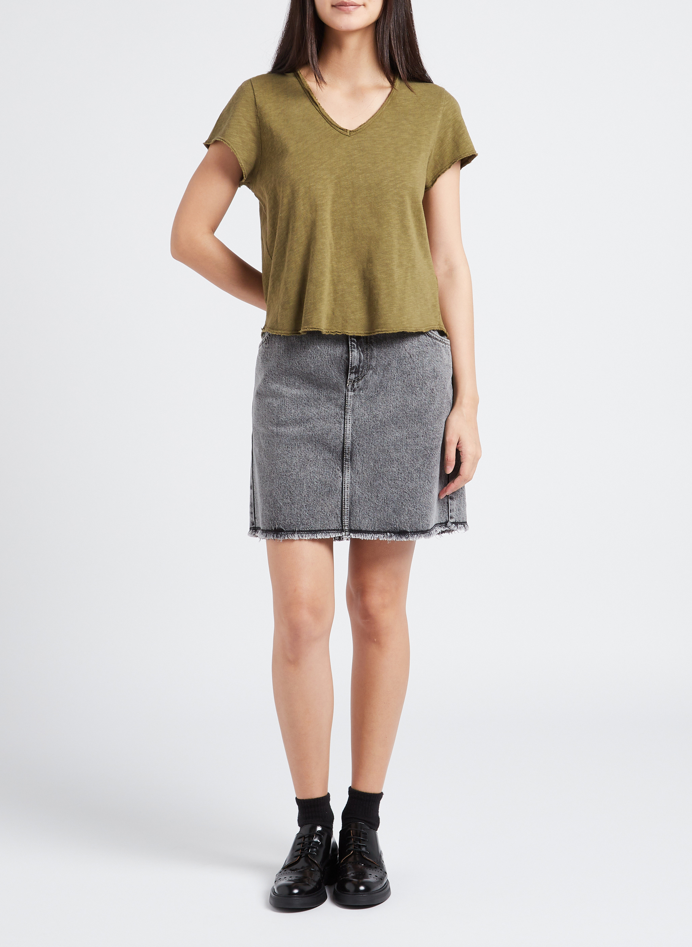 Tee-shirt droit col v en coton sonoma AMERICAN VINTAGE Kaki