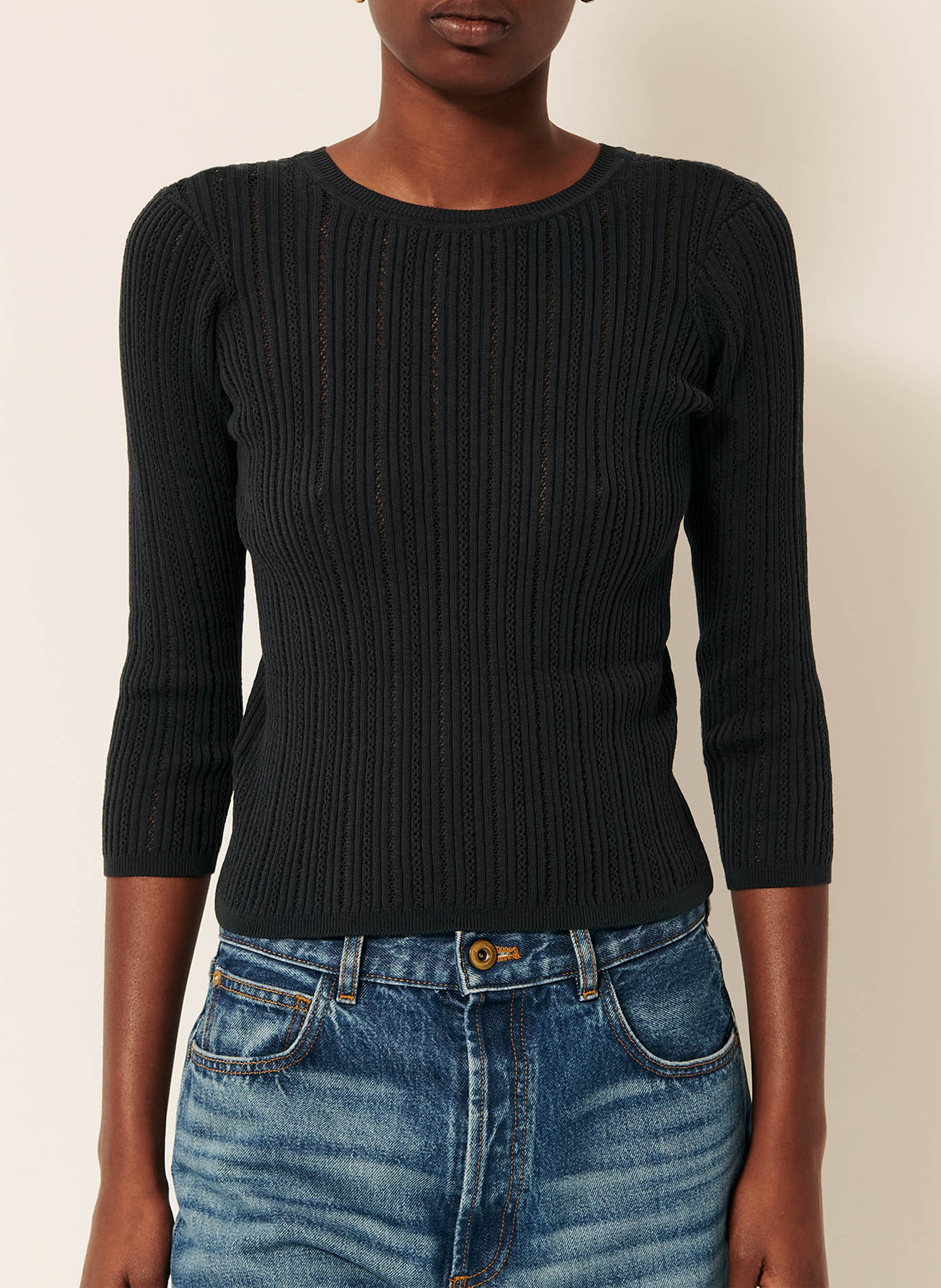 Pull manches 3/4 tricoté à découpes en coton alencar SESSUN Vert