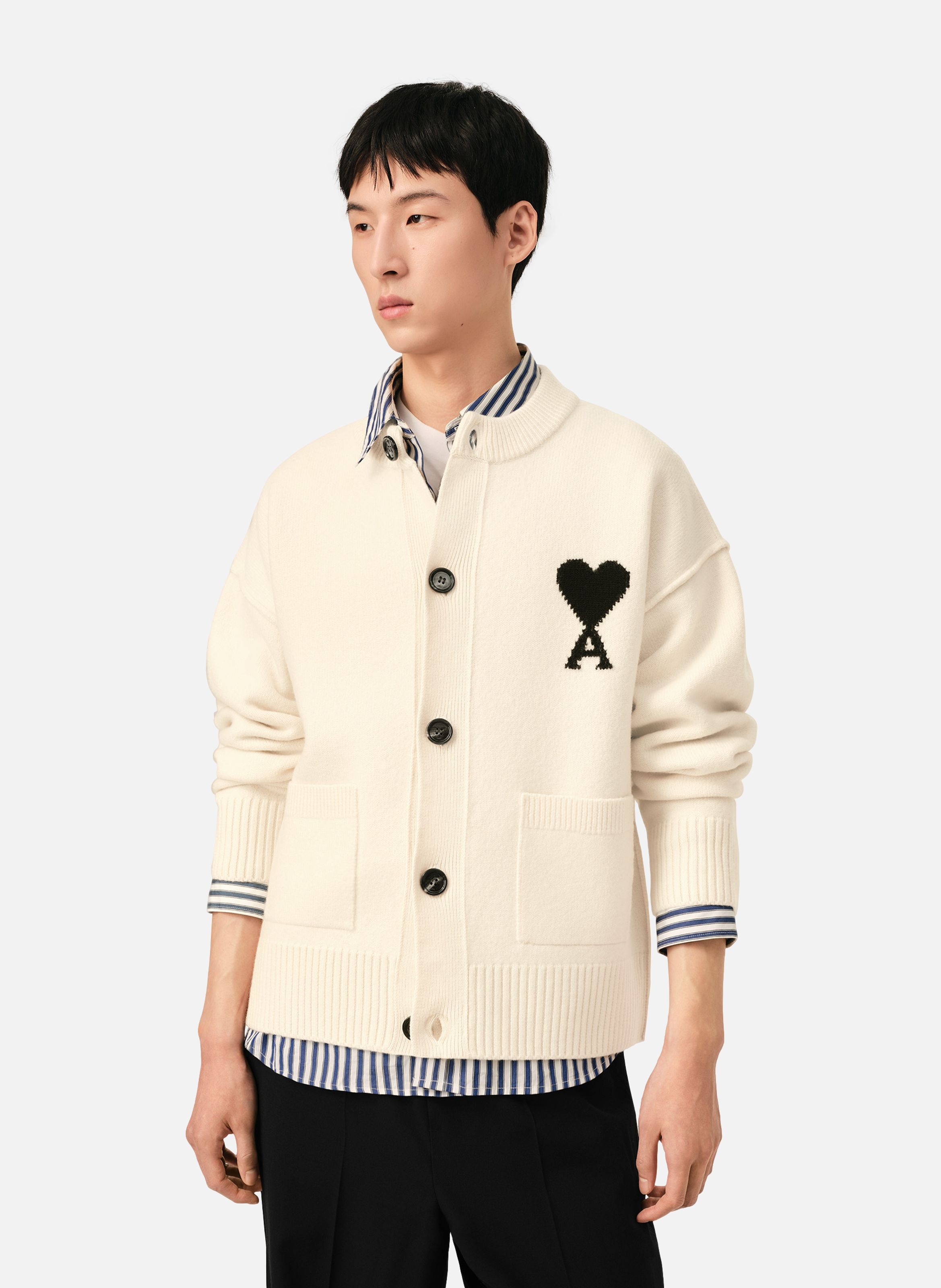 Cardigan col rond unisexe en laine ami de coeur AMI PARIS Blanc