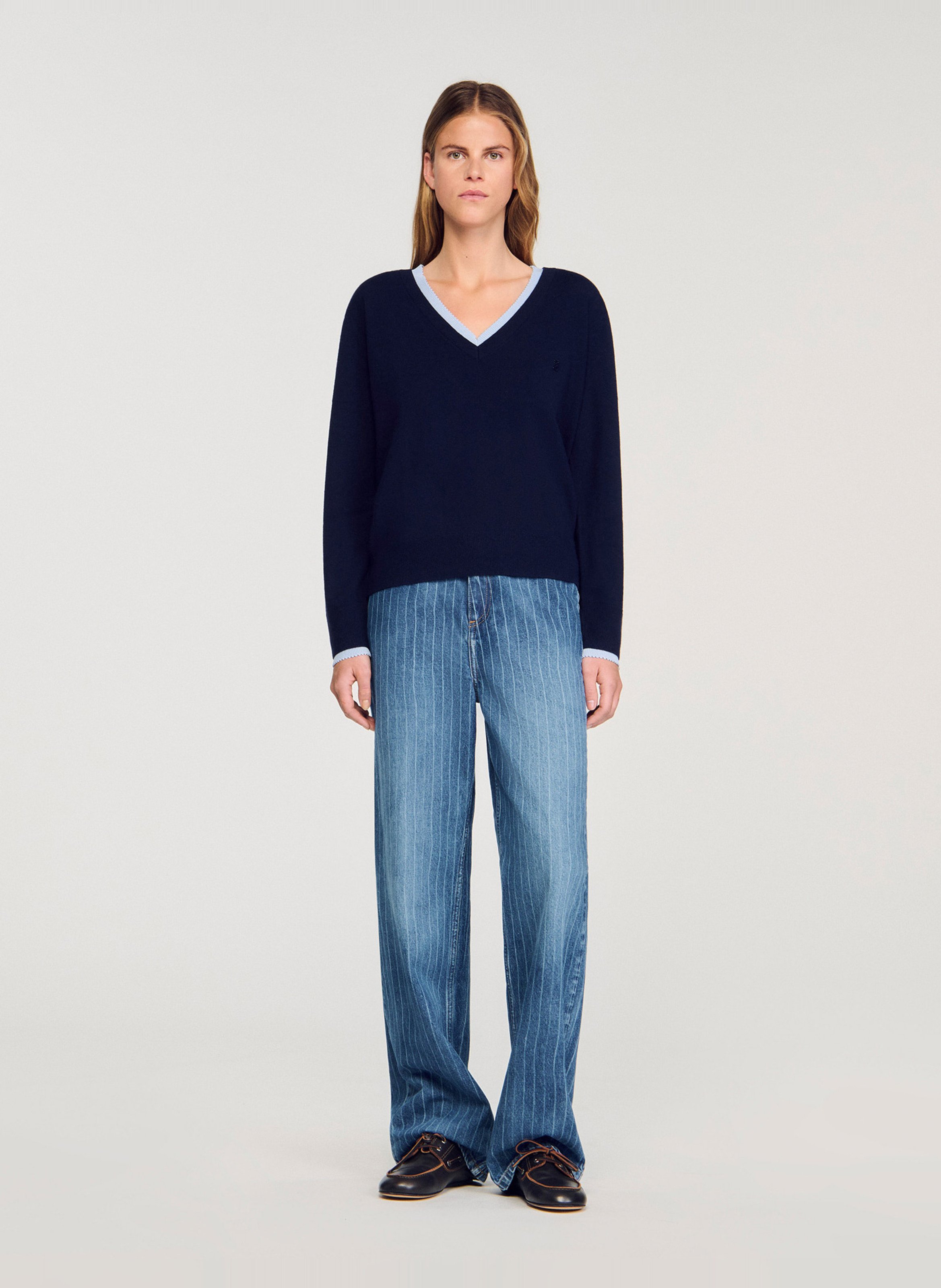 Pull oversize col v en laine et cachemire Bleu