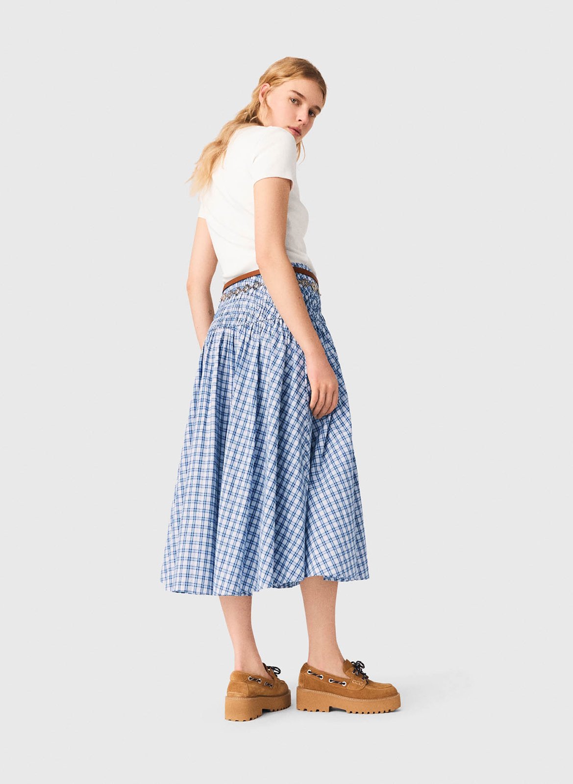 Jupe longue évasée à carreaux en coton MAJE Bleu