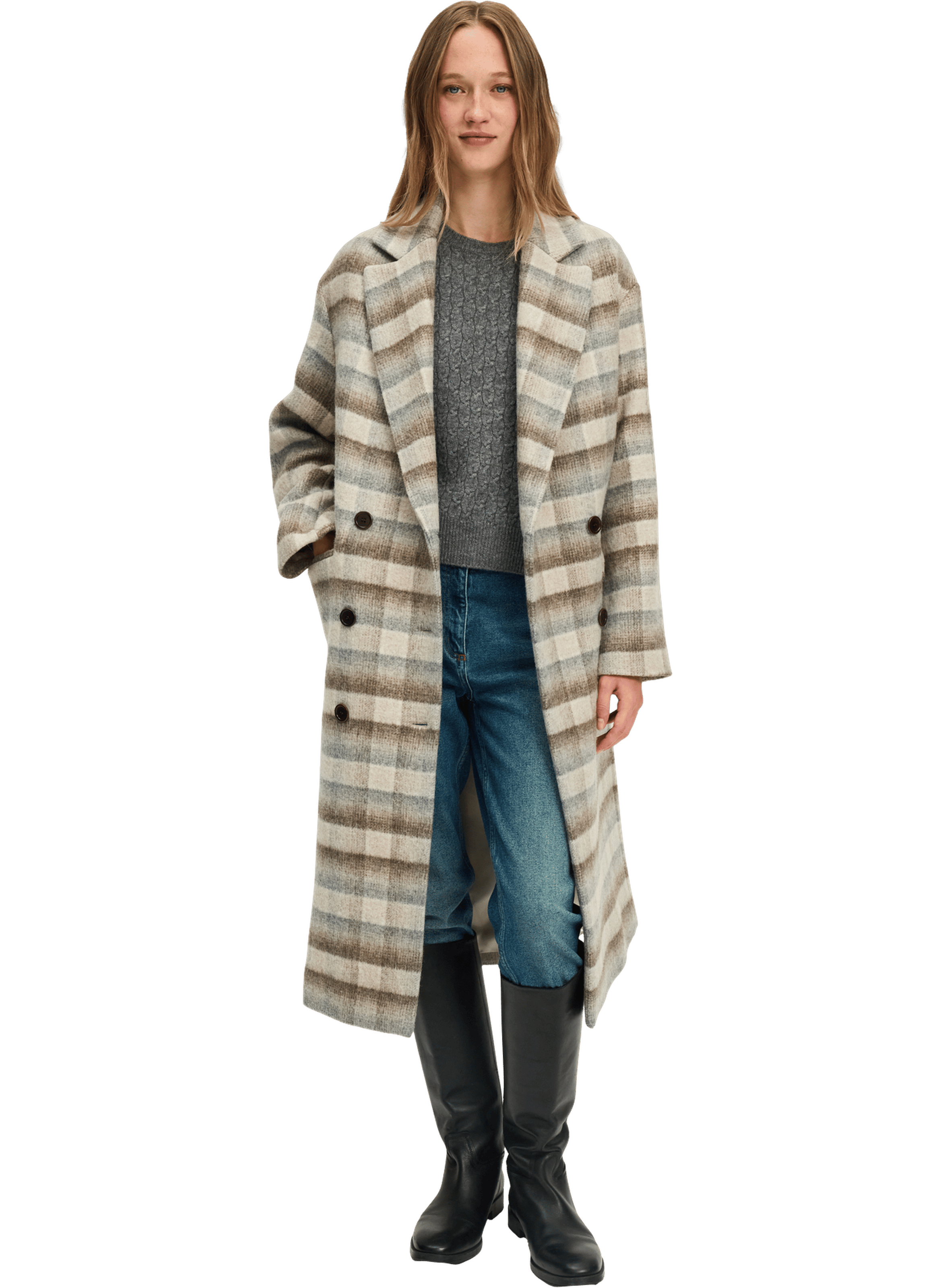 Manteau long croisé à carreaux - myrielle PABLO Beige