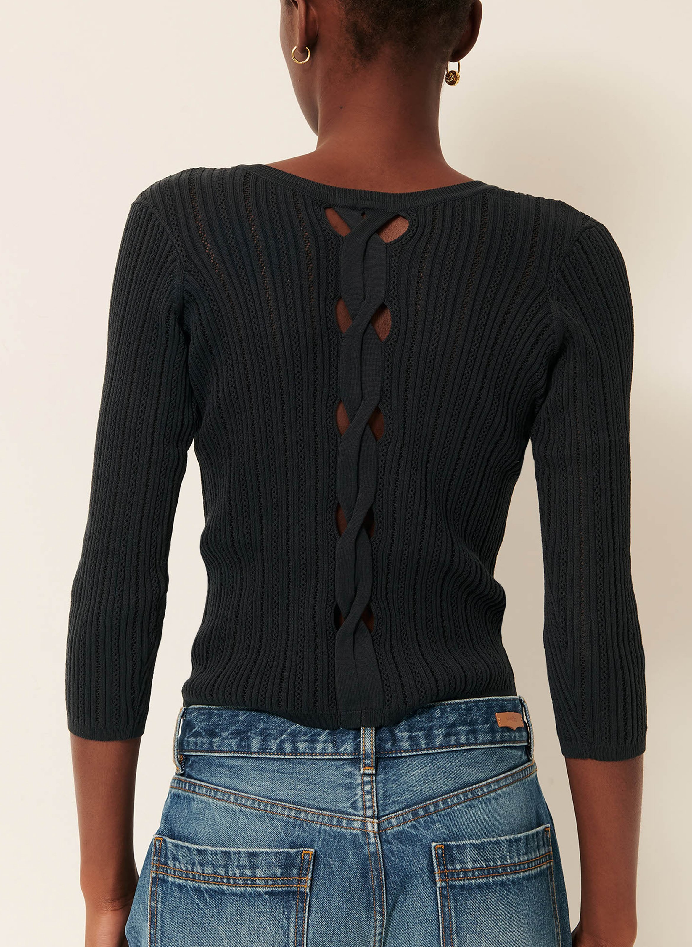 Pull manches 3/4 tricoté à découpes en coton alencar SESSUN Vert