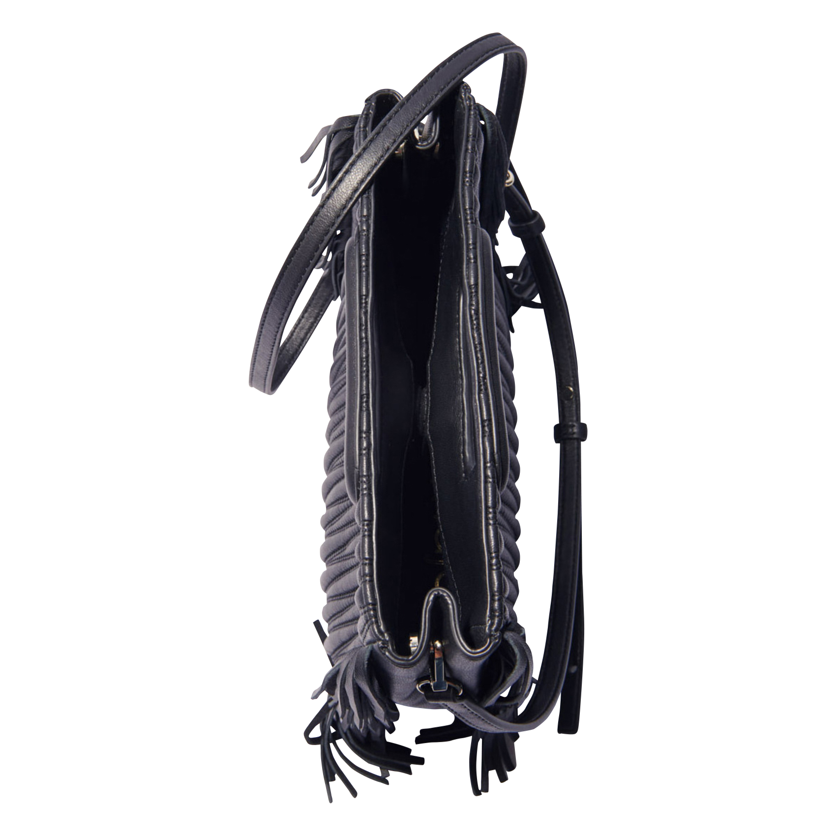 Sac bandoulière à franges en cuir m Noir Maje Femme