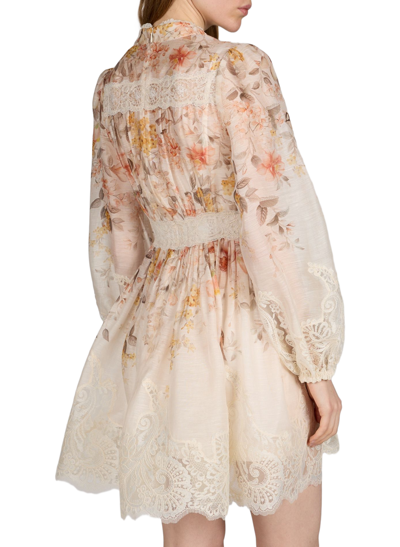 Robe Luna à fleurs et dentelle en lin et soie ZIMMERMANN Blanc