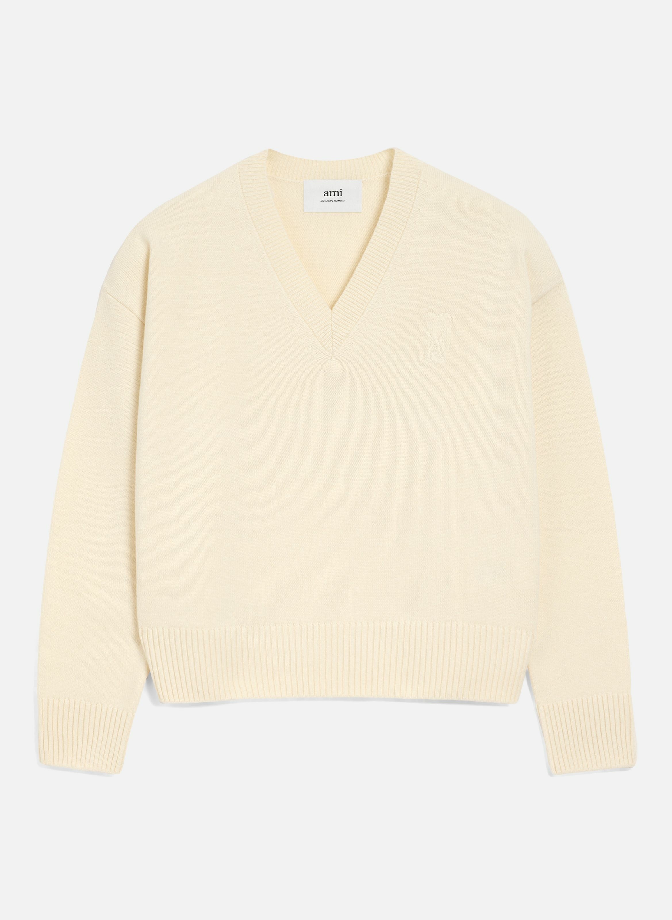 Pull col v ami de coeur en laine unisexe AMI PARIS Blanc