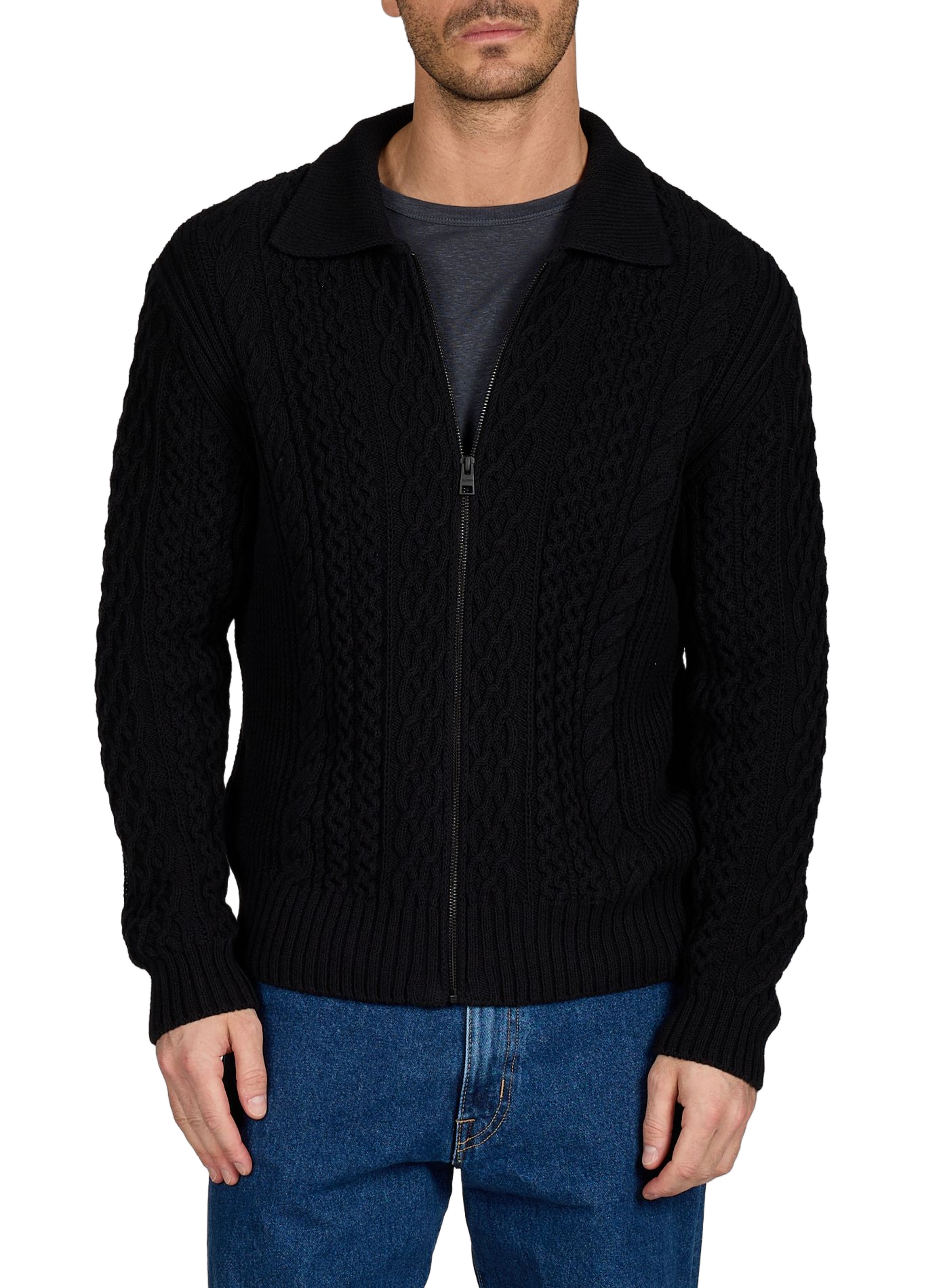 Zip-up sweater in twisted cotton knit CLOSED Black