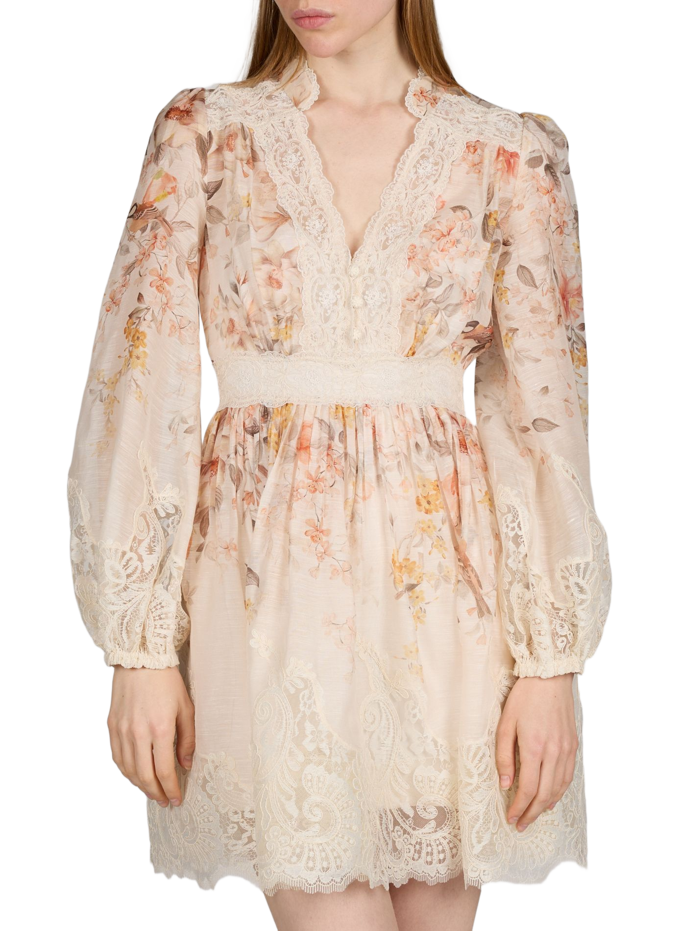 Robe Luna à fleurs et dentelle en lin et soie ZIMMERMANN Blanc