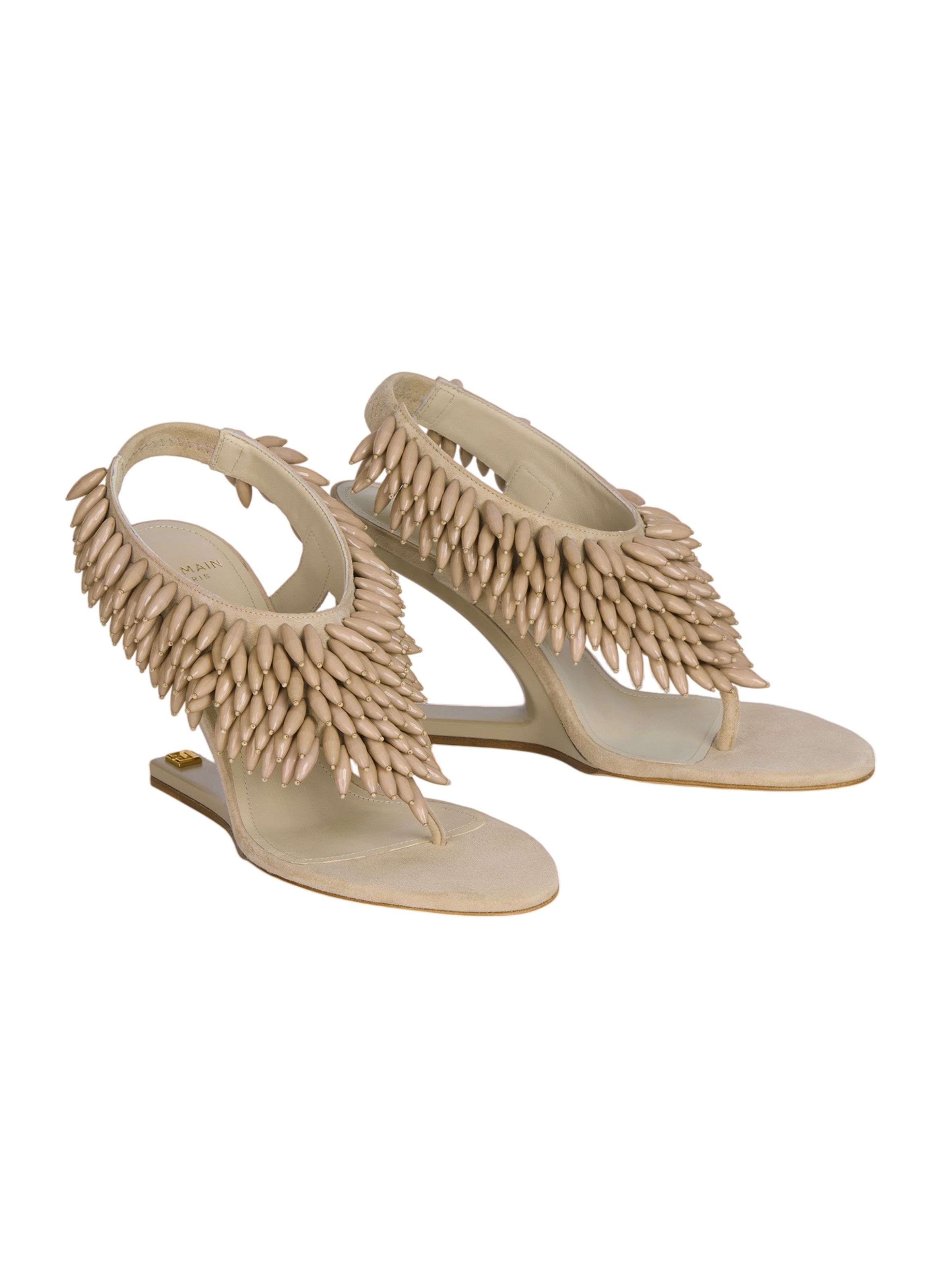 Sandales no wedge en cuir suédé et perles BALMAIN Beige