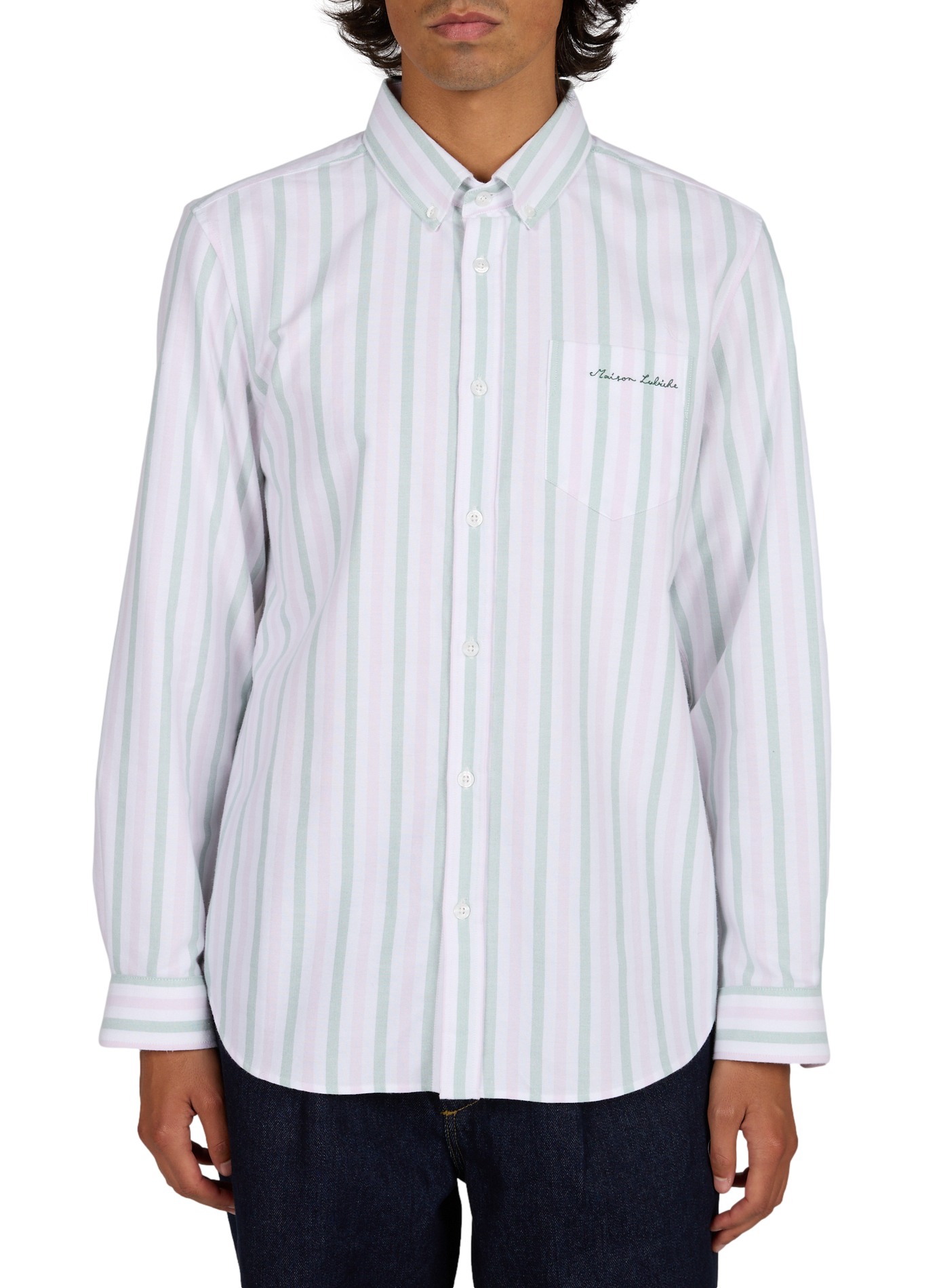 Straight shirt with buttoned collar, striped in cotton MAISON LABICHE Green