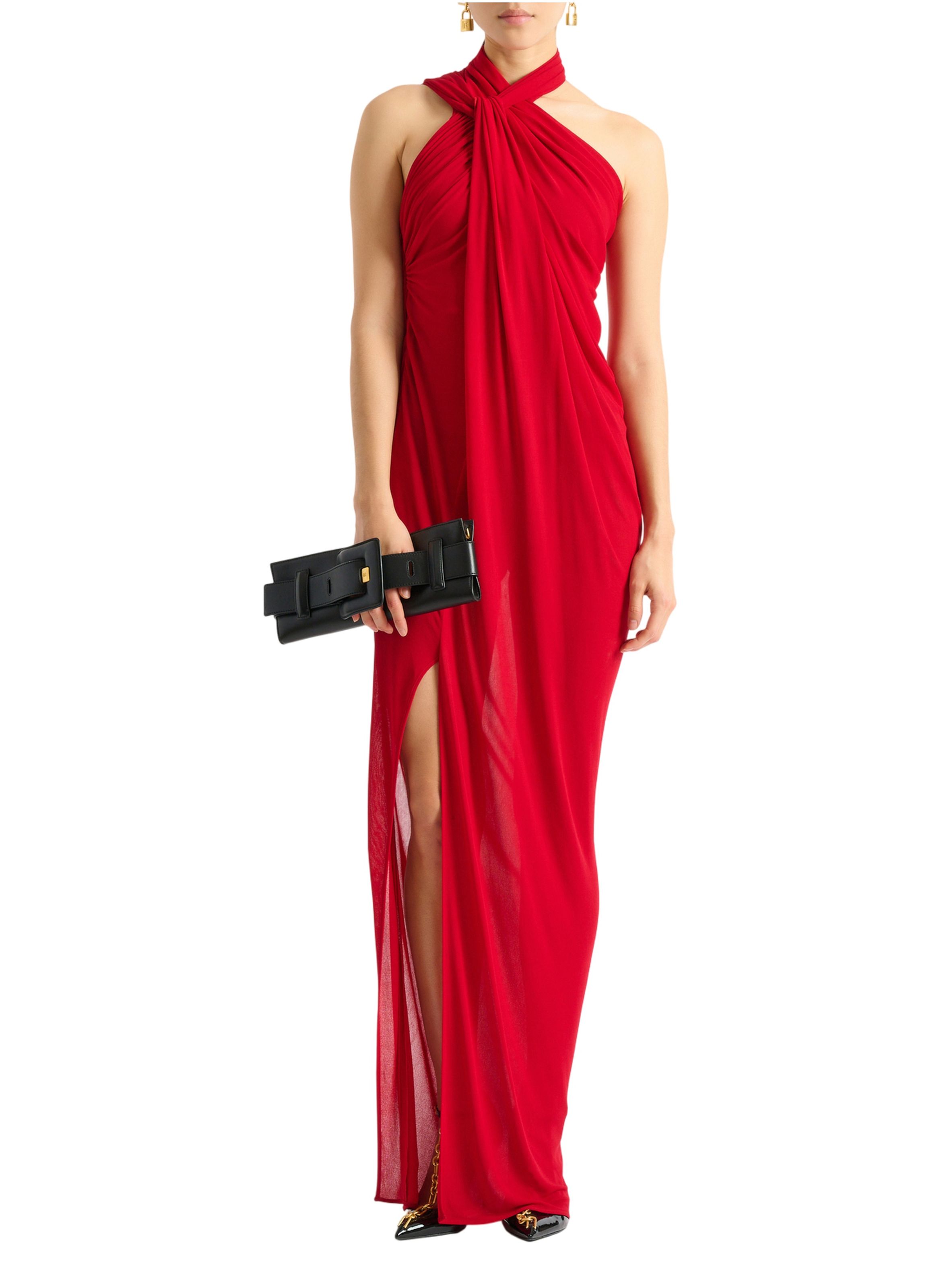 Robe longue drapée en jersey BALMAIN Rouge