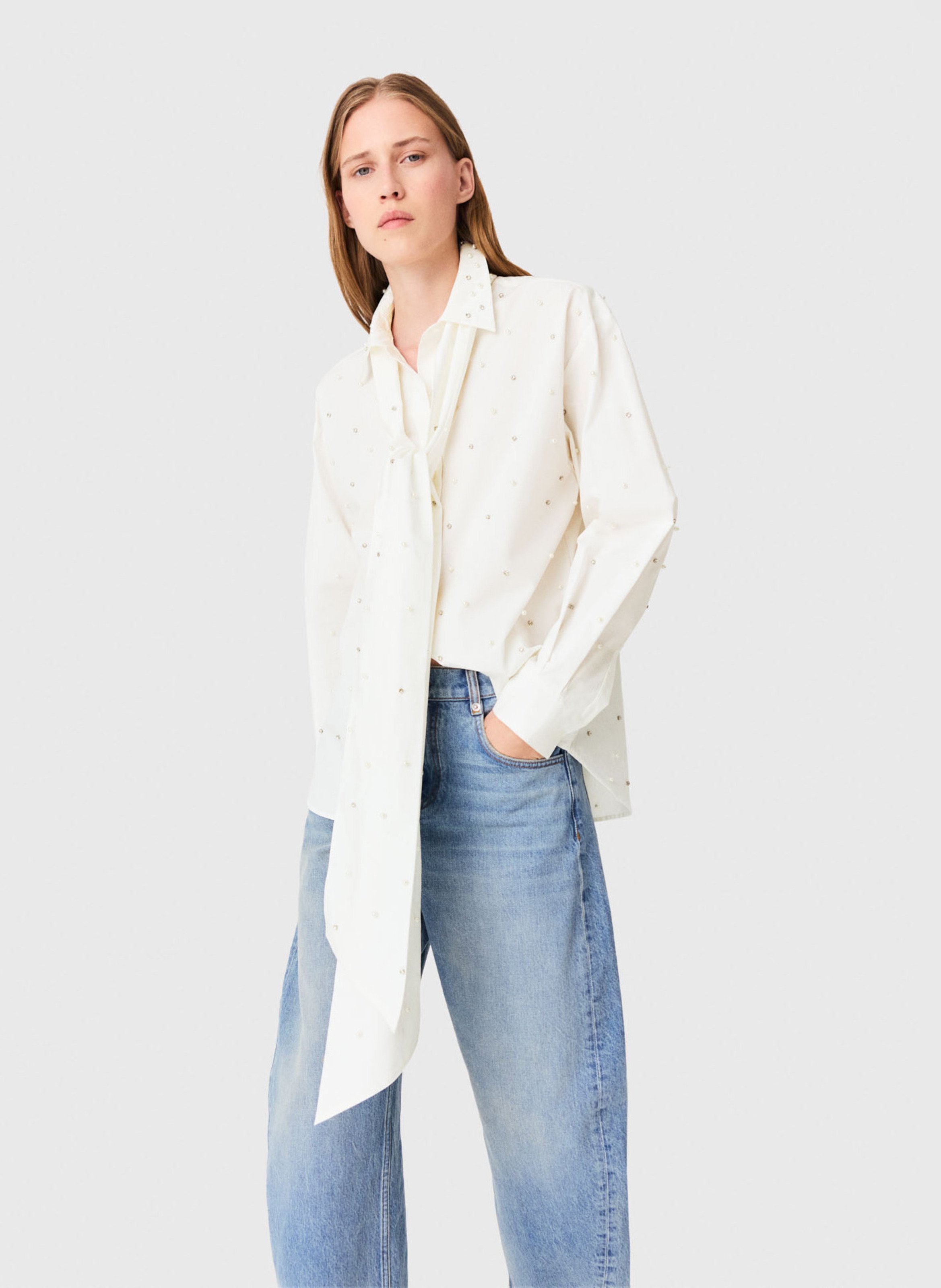 Chemise col lavallière à strass et perles MAJE Blanc
