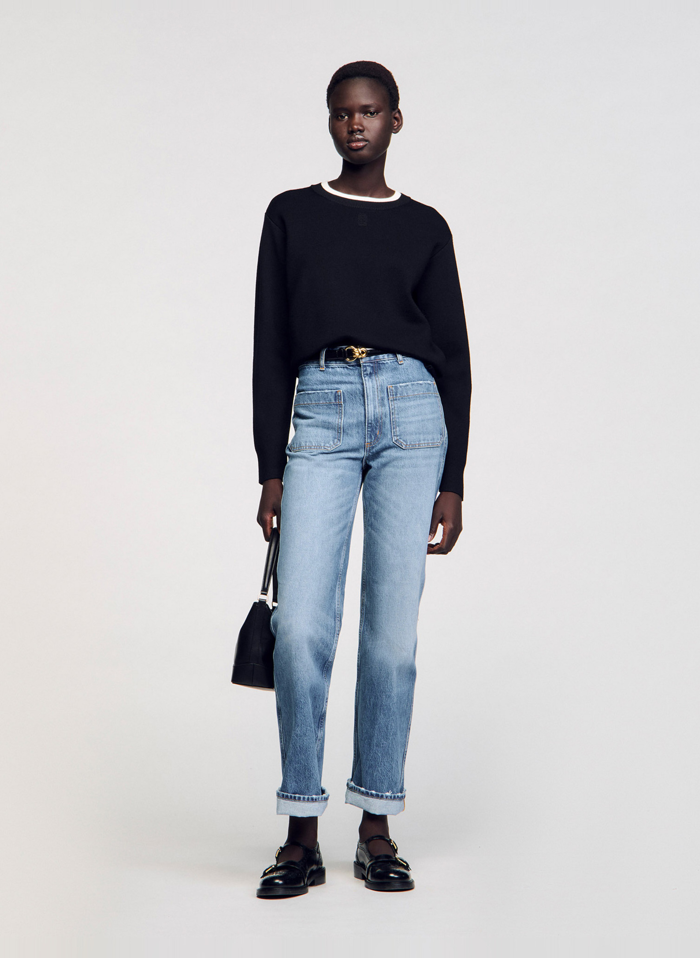 Pull col rond droit en laine mélangée SANDRO Noir