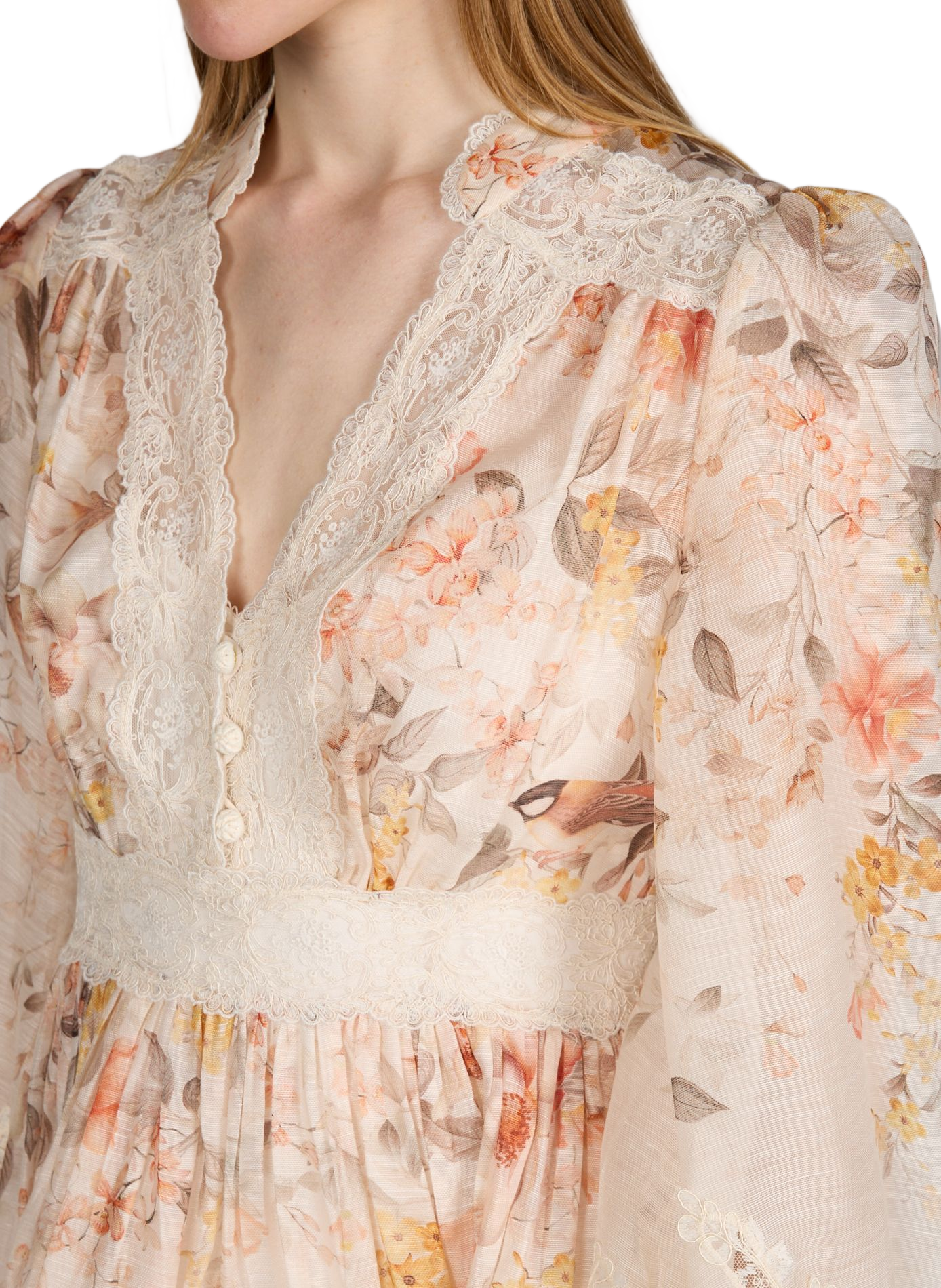 Robe Luna à fleurs et dentelle en lin et soie ZIMMERMANN Blanc
