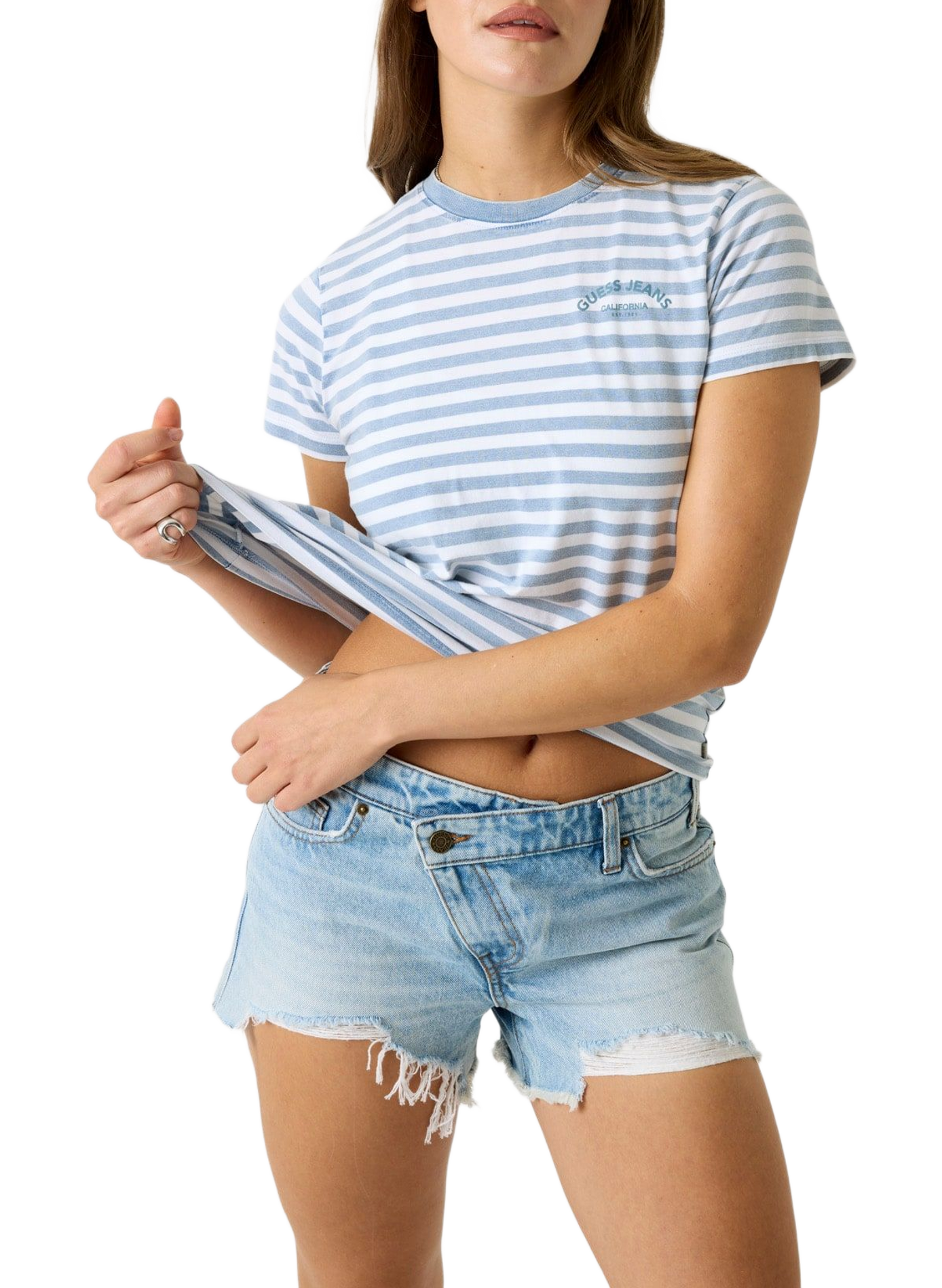 Striped T-shirt with printed logo in mixed cotton GUESS Blue