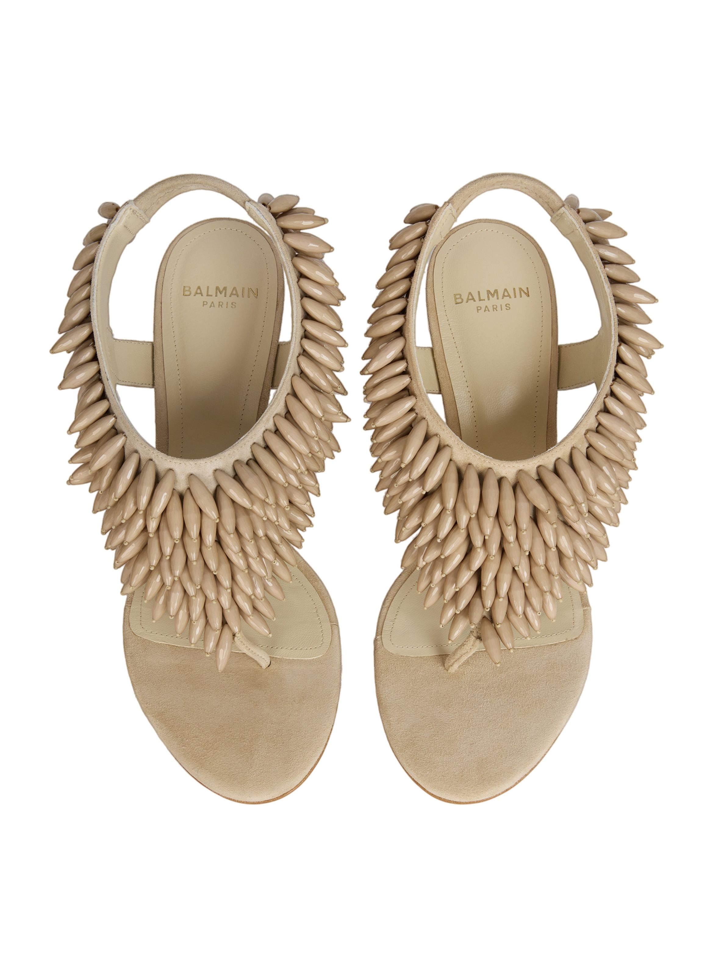 Sandales no wedge en cuir suédé et perles BALMAIN Beige