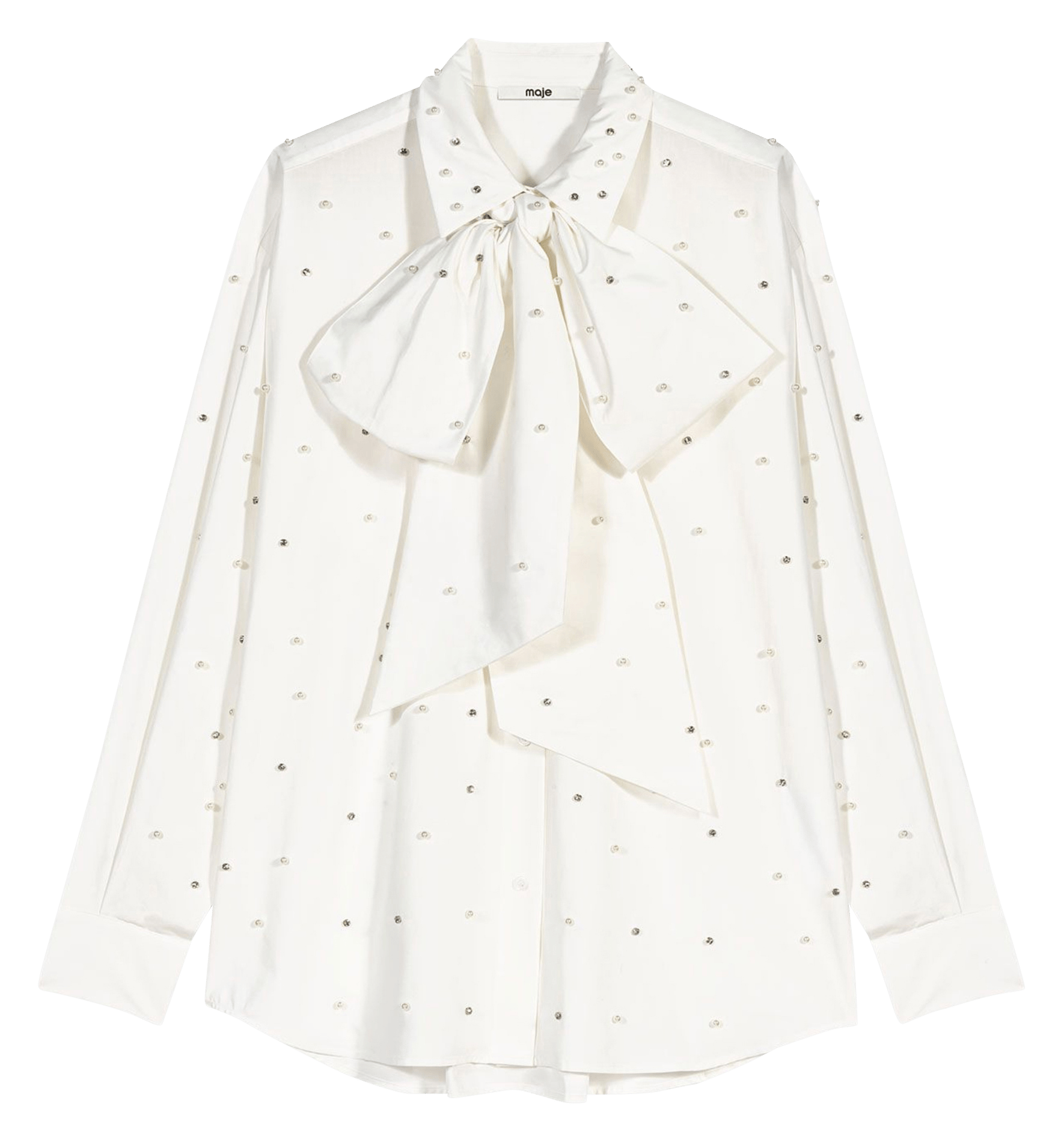 Chemise col lavallière à strass et perles MAJE Blanc
