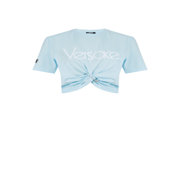 Versace Patchwork-effect Cotton T-shirt In Blue