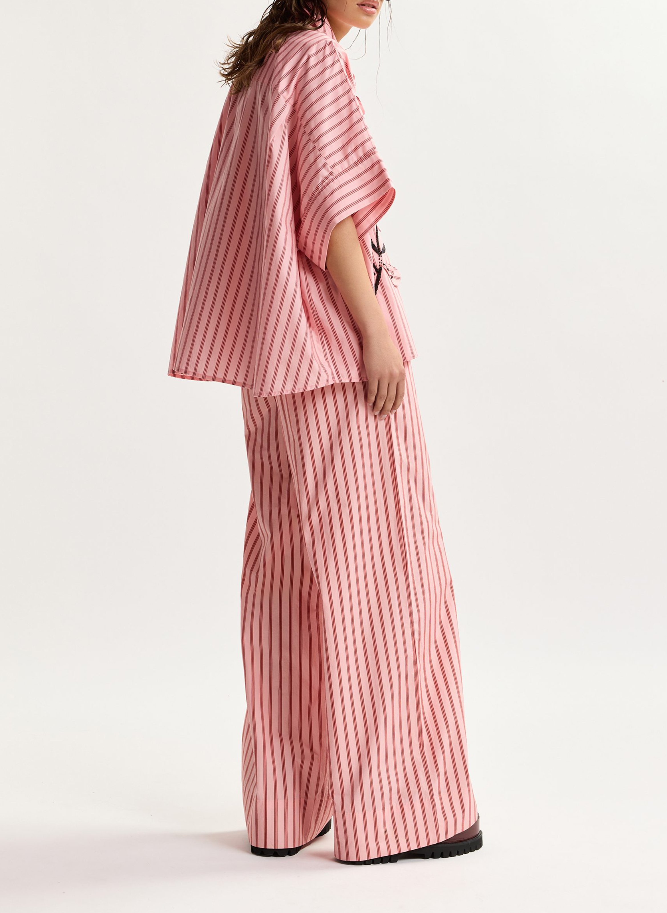 Pantalon taille haute large rayé jouise Rose