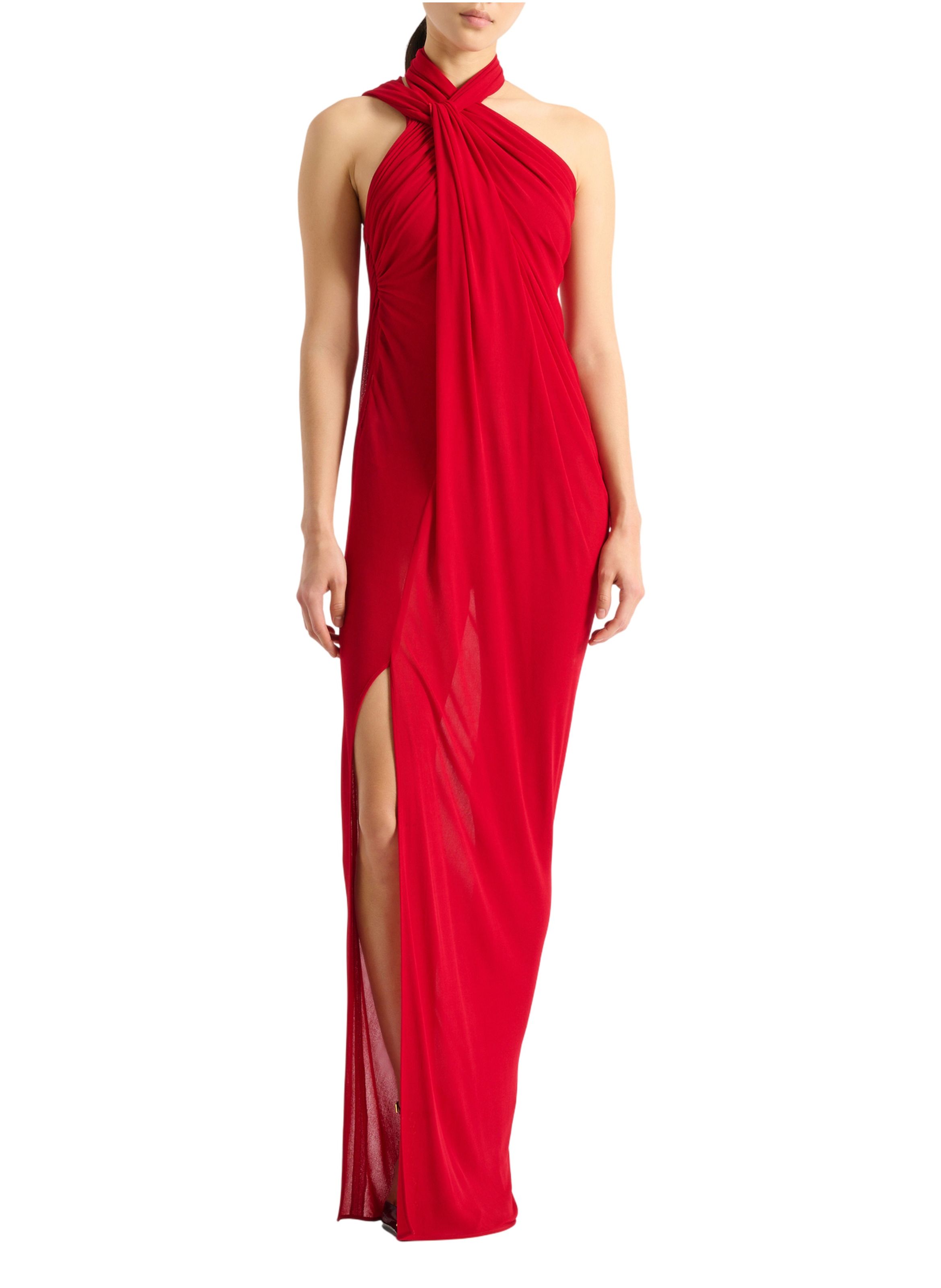 Robe longue drapée en jersey BALMAIN Rouge