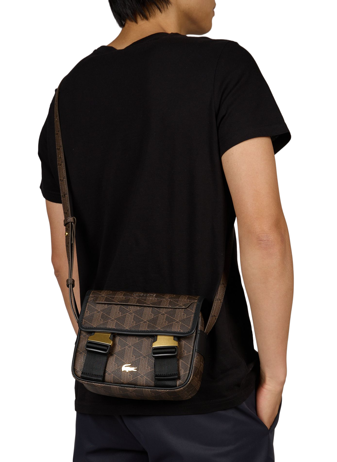 Sac à bandoulière imprimé à logo métallique LACOSTE Marron
