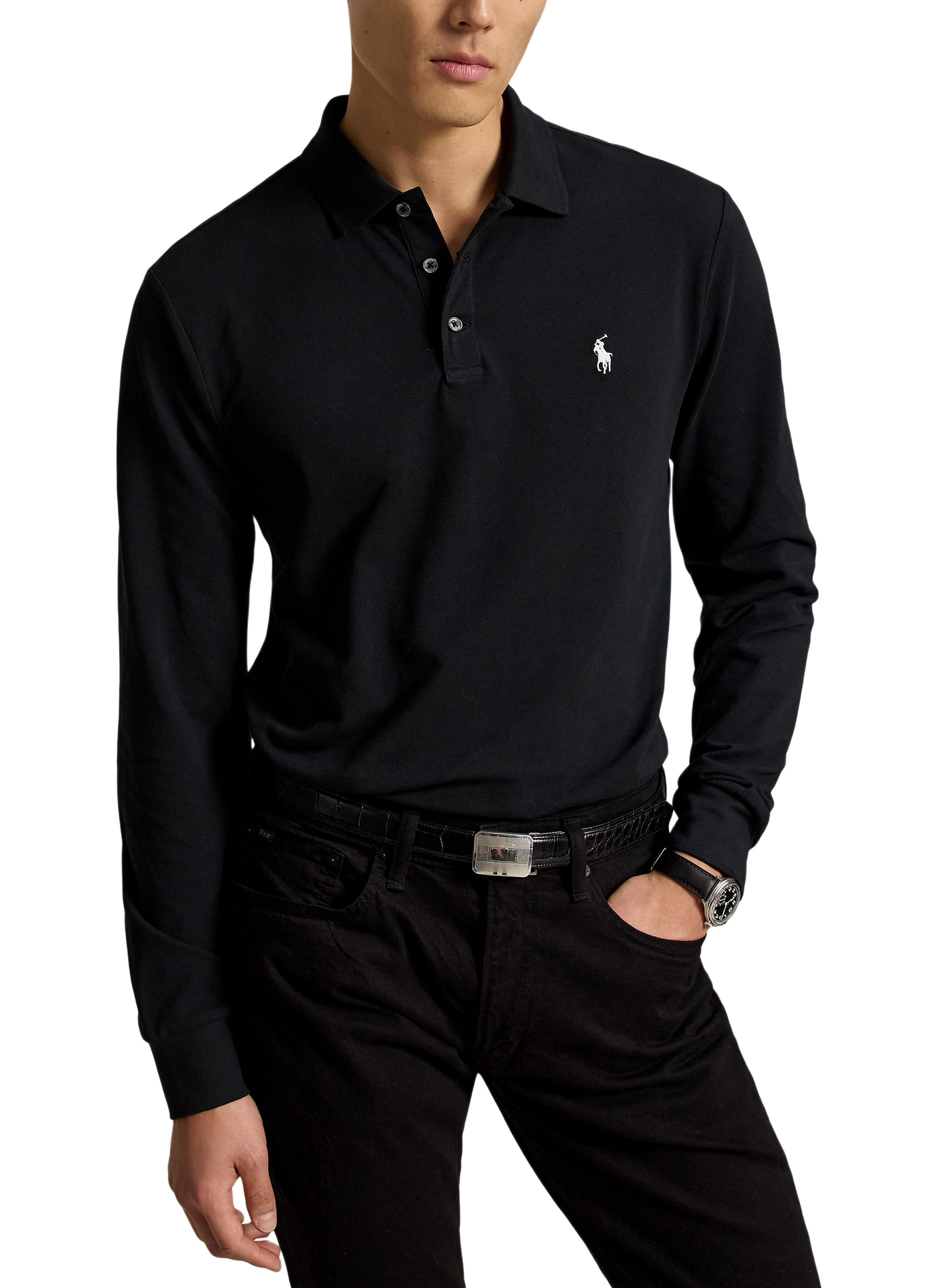 Lange mouw poloshirt met geborduurd logo in gemengd katoen. POLO RALPH LAUREN Zwart