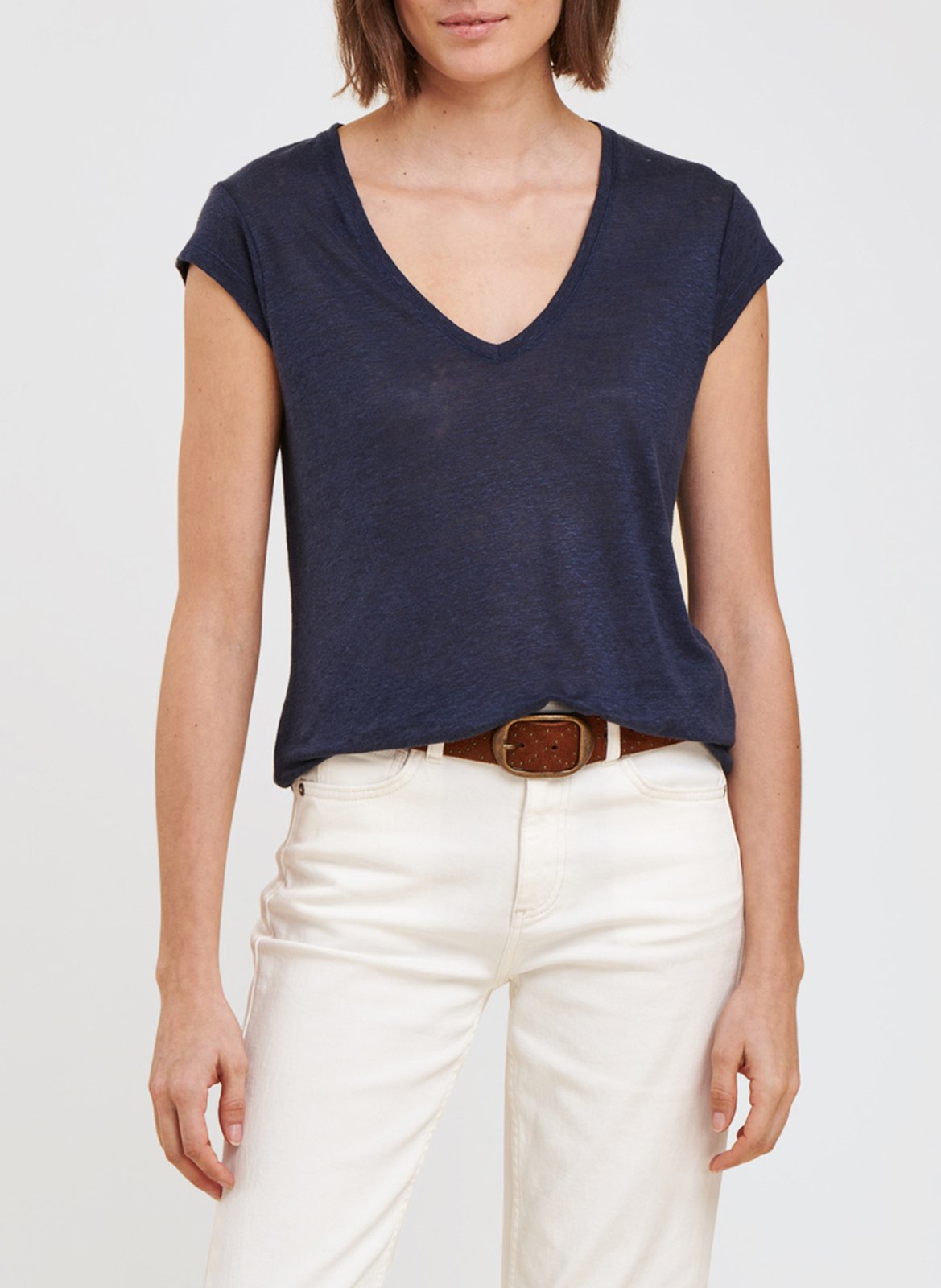 Recht T-shirt met V-hals van linnen LA FEE MARABOUTEE Blauw
