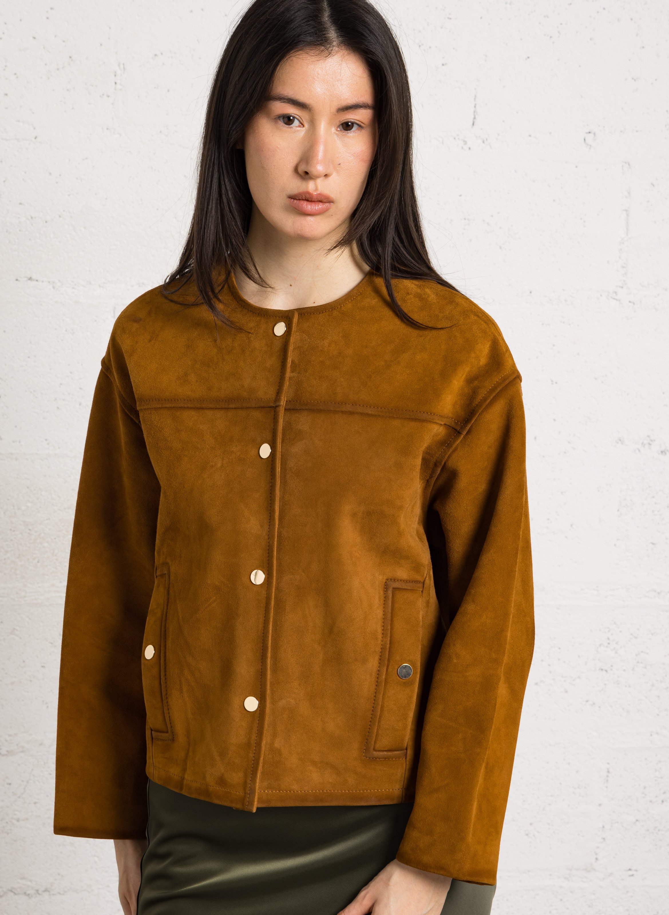 Veste droite col rond en cuir velours vip MAISON 123 Beige