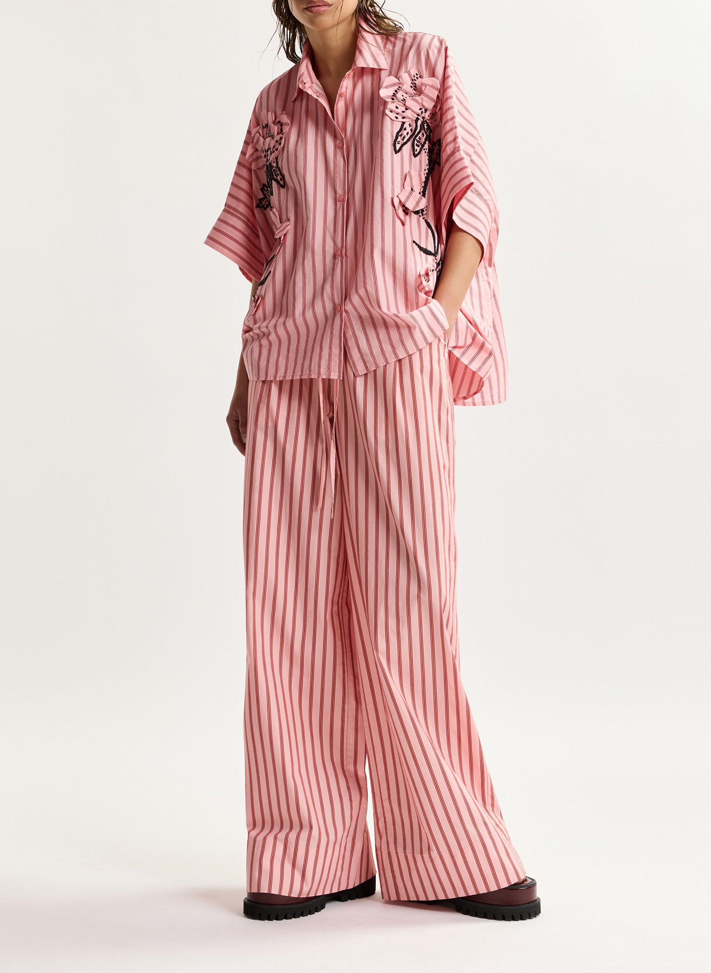 Pantalon taille haute large rayé jouise Rose
