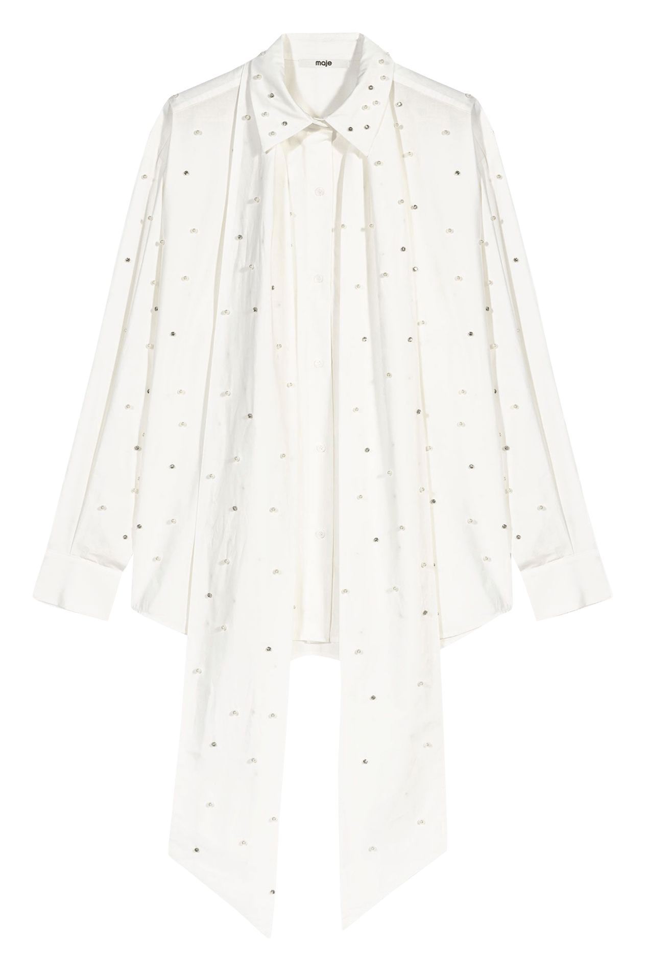 Chemise col lavallière à strass et perles MAJE Blanc